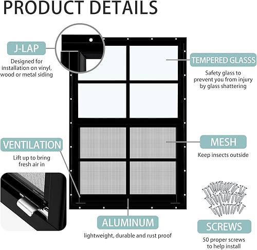 Miniatura 32 de Tandefio Paquete de 2 ventanas de cobertizo blanco de 14 x 21 pulgadas para gallinero con vidrio templado y pantalla para el hogar con deslizador