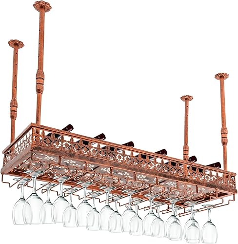 Miniatura 1 de Estante de techo para copas de vino, 35.5 x 14 pulgadas, estante colgante para vino con soporte para vidrio y estante, barra de techo de metal