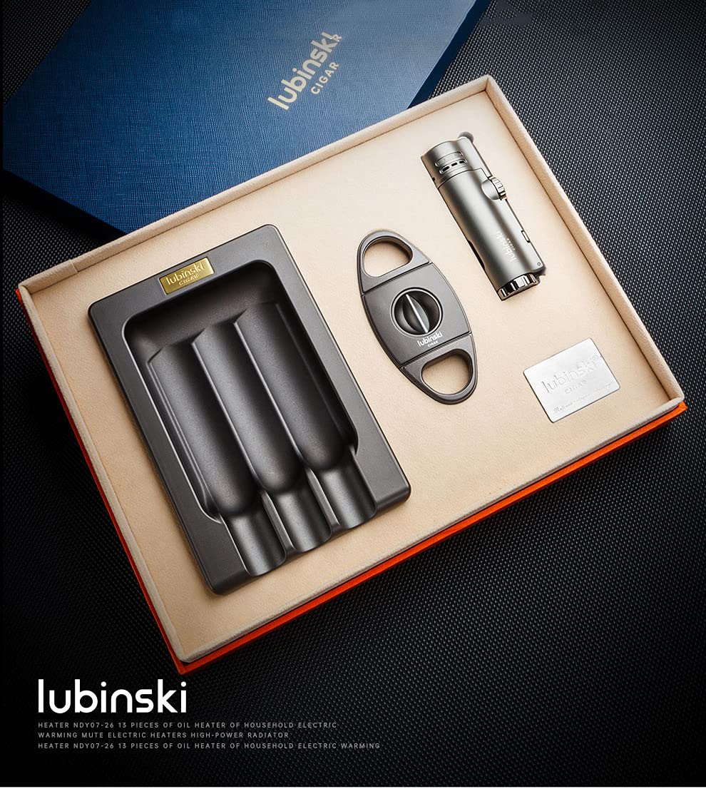 LUBINSKI Luxury Cigar Ashtray Torch Lighter and Cigar Cutter Set, 4 Jet