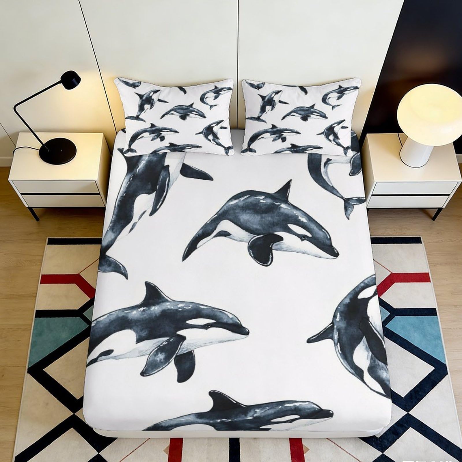 3D Printed Wave Fitted Sheet Microfiber Deep Pocket Bedroom Bedding Ukiyo-e Mattress Fitted Cover Non-Slip Washable 140x200x25cm