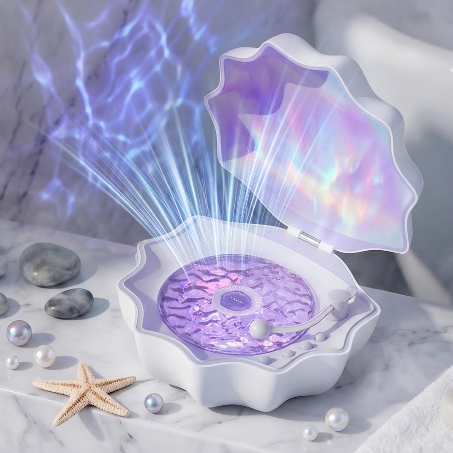 Ocean Wave Projector Light, Shell Night Light Built-in Bluetooth Speaker, Remote Control, White Noises for Home Decor/Relaxation/Party/Music/Gift (White)