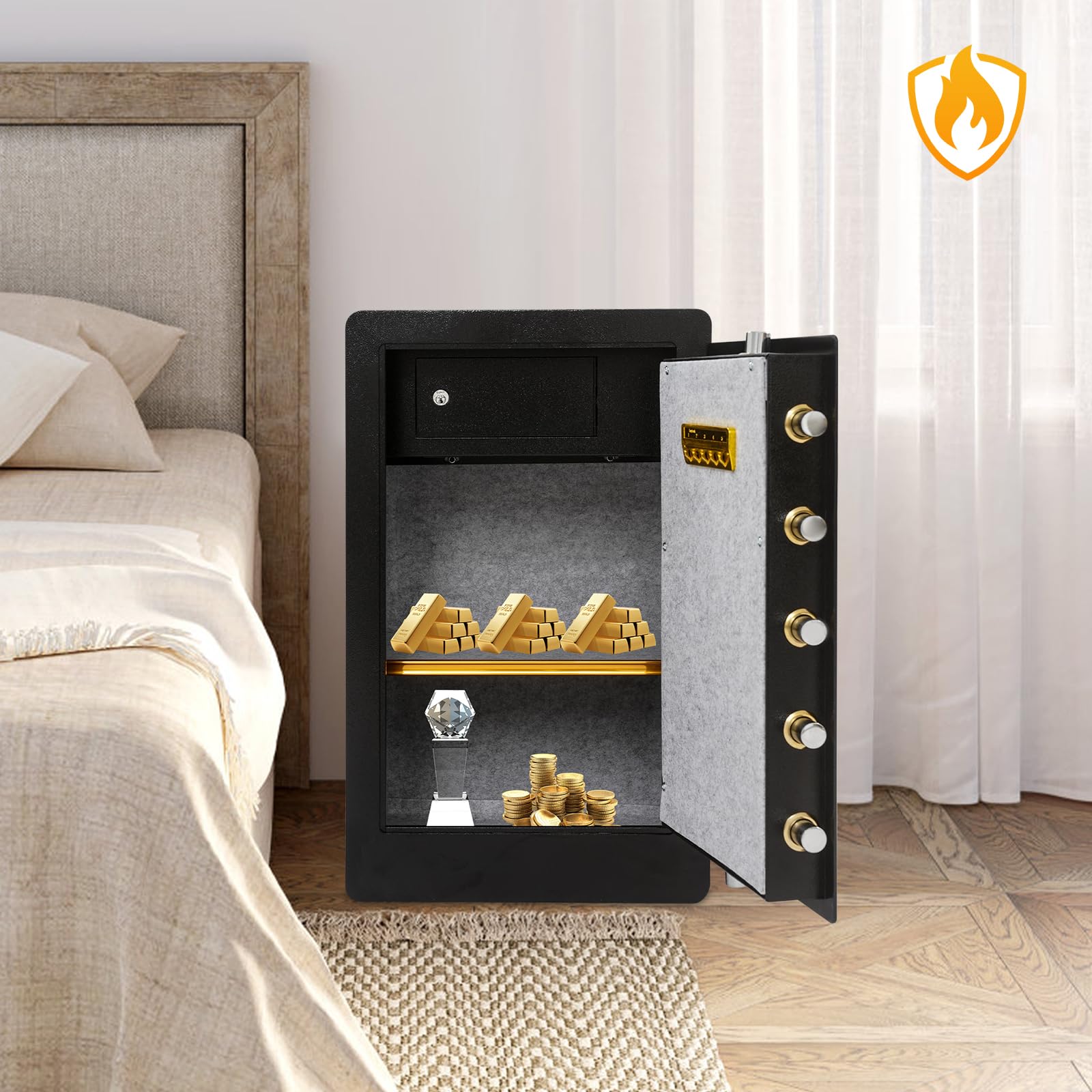 42L Safe Tresor Feuerfest mit Wasserdichter Geldtasche, Elektronischer Tresor aus Stahl, Digitaler Heimtresor, Digitaler Möbeltresor mit Alarmanlage, 40x33x70cm