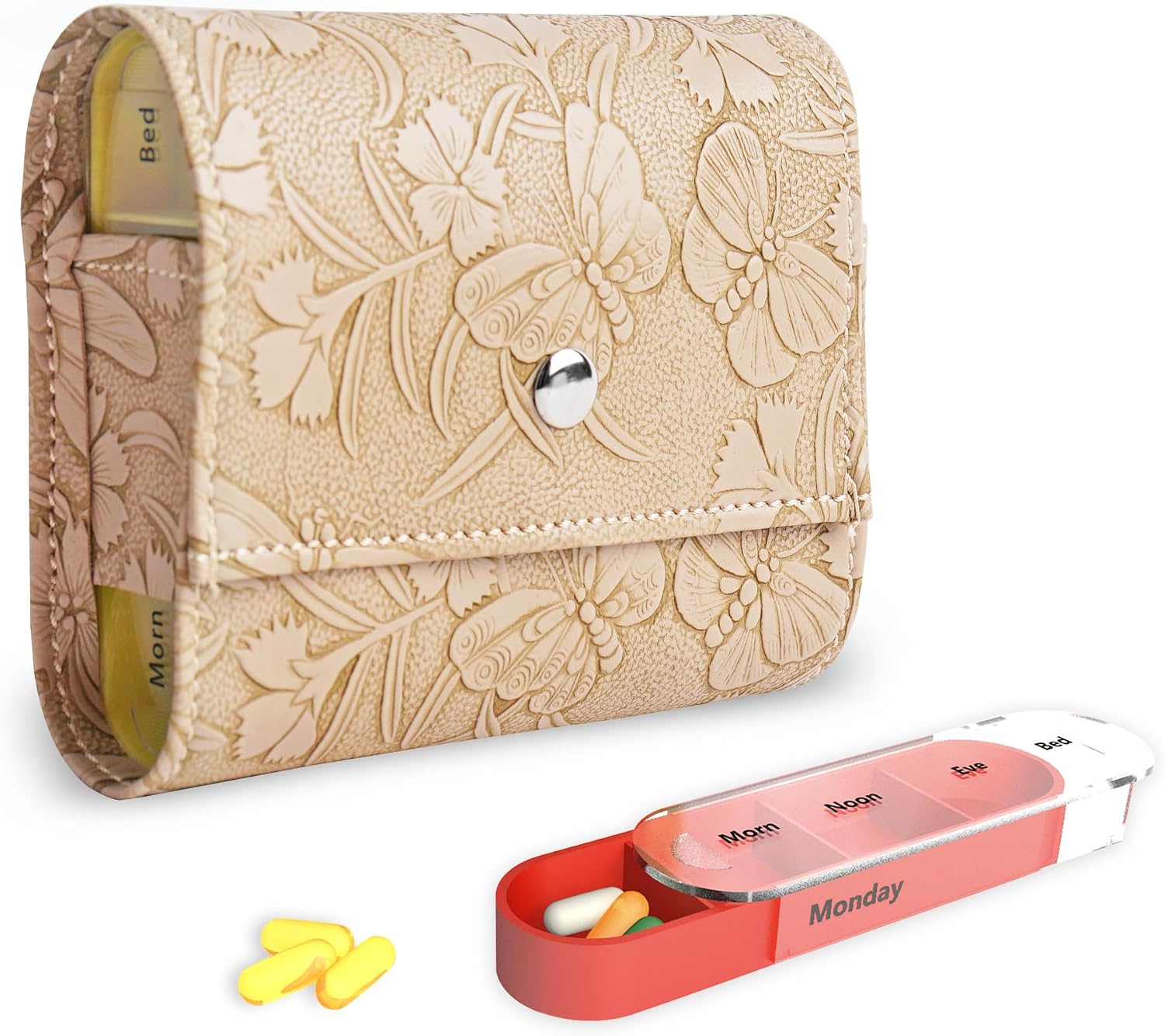 Pill Organizer,QIELIZI Weekly Travel Pill Case Box Medication Reminder Daily AM PM, Day Night 7 Compartments,for 4 Times A Day, 7 Days a Week-Includes Leather PU Carrying Case(1-Butterfly Apricot)
