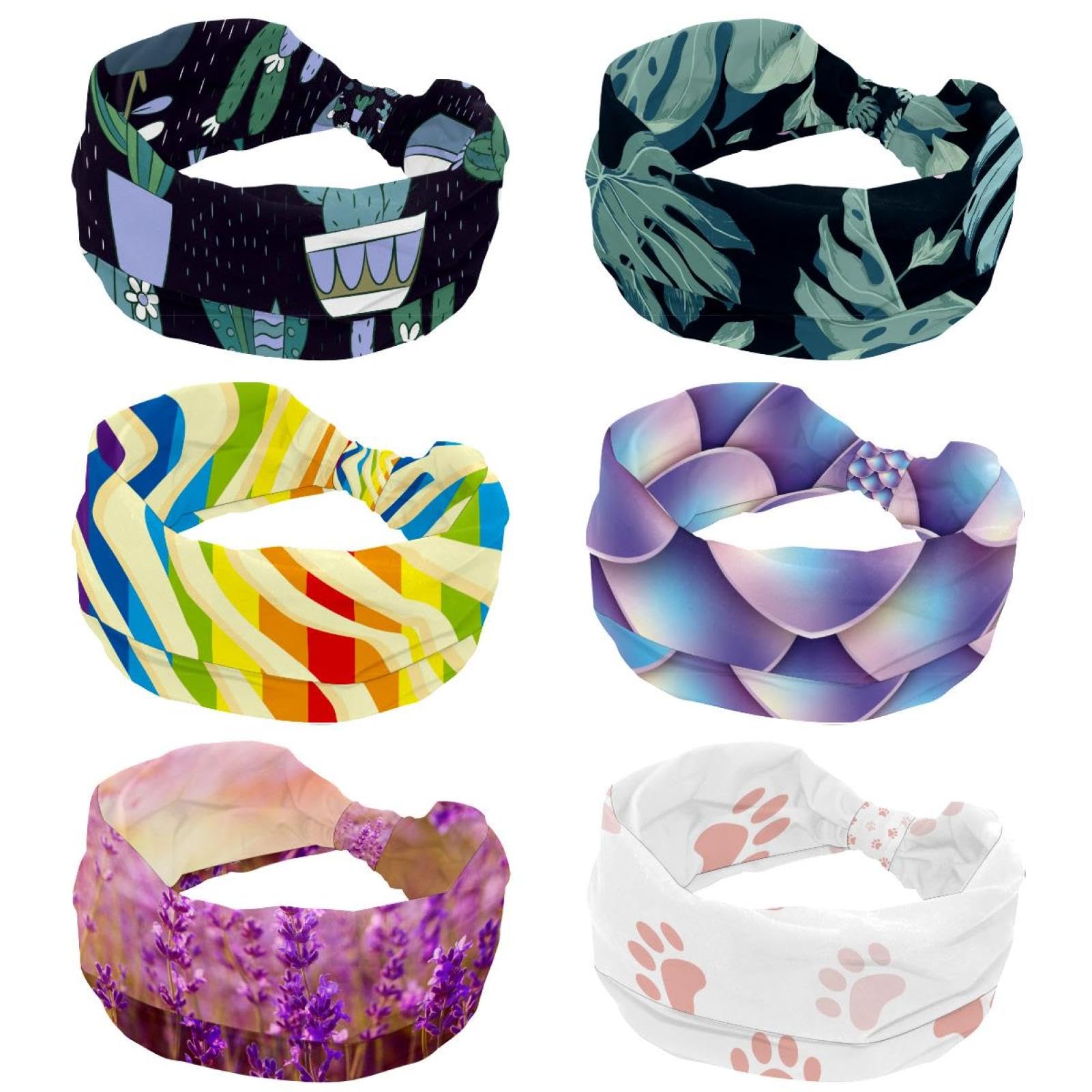 Lot de 6 bandeaux larges pour femme, hérissons, glands, feuilles d'érable, champignons, turban antidérapant, bandeau élastique pour cheveux, yoga, transpiration, sport