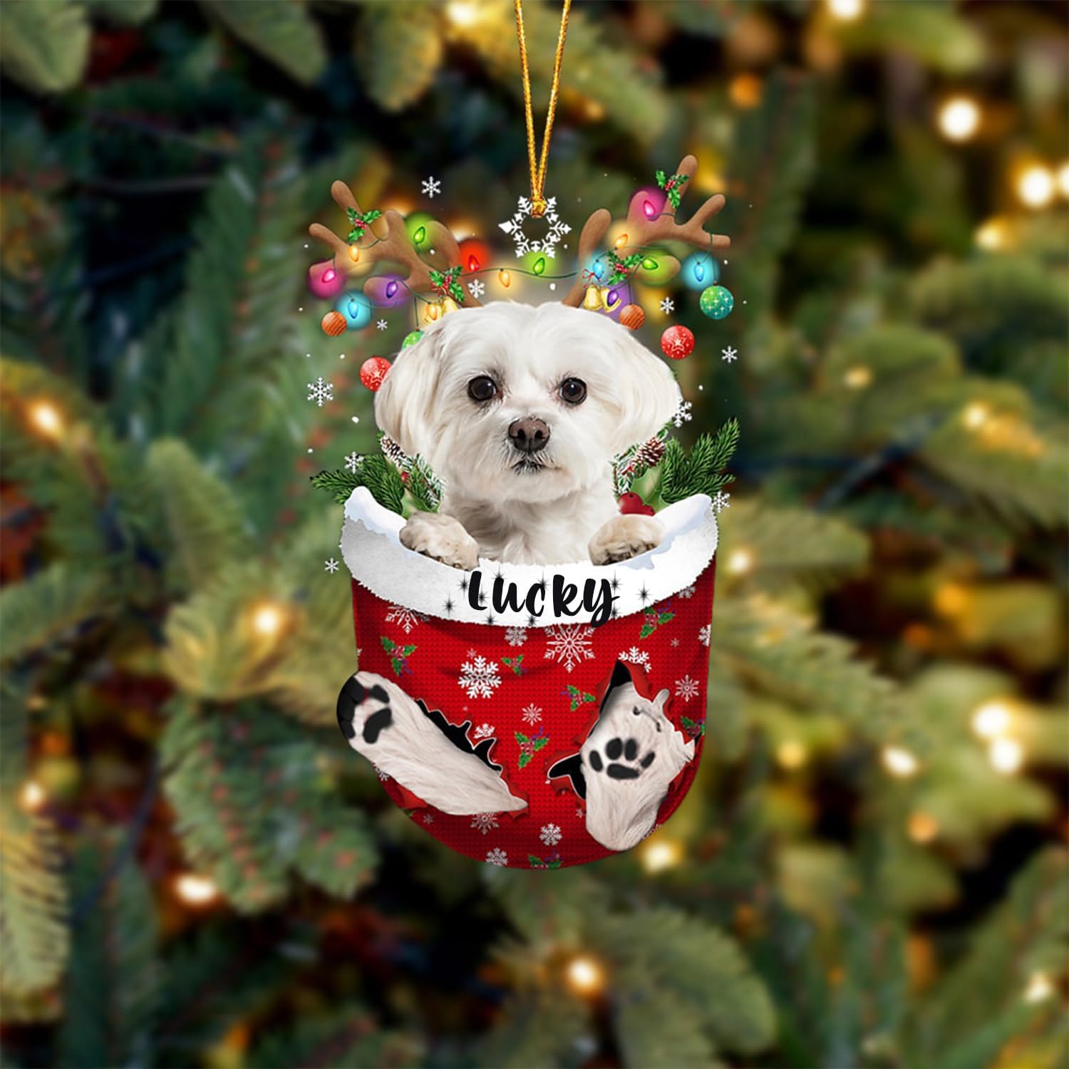 Adorno de Navidad de perro maltés blanco personalizado en bolsillo de nieve, adorno para árbol de Navidad, idea de regalo para amantes de los
