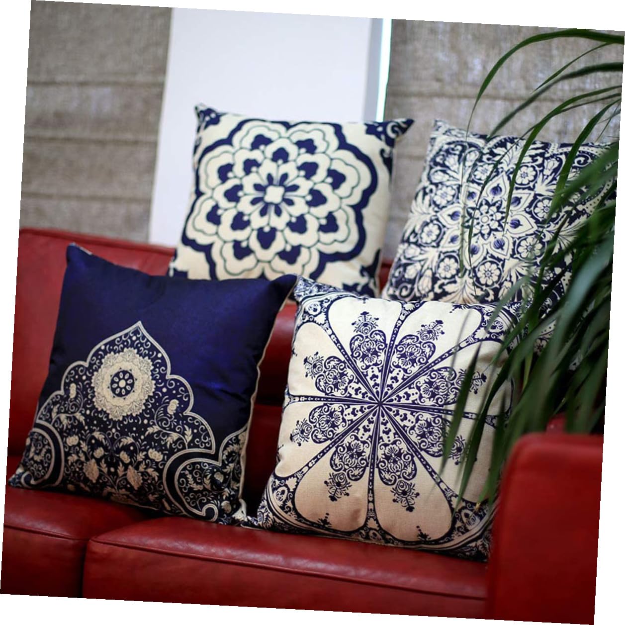 NUOBESTY 4 pezzi Federe Cuscini Quadrate in Lino e Cotone Stile Cinese con Motivo Floreale Classico per Divano Casa Ufficio Copricuscini Decorativi con Chiusura Zip per Soggiorno e Camera