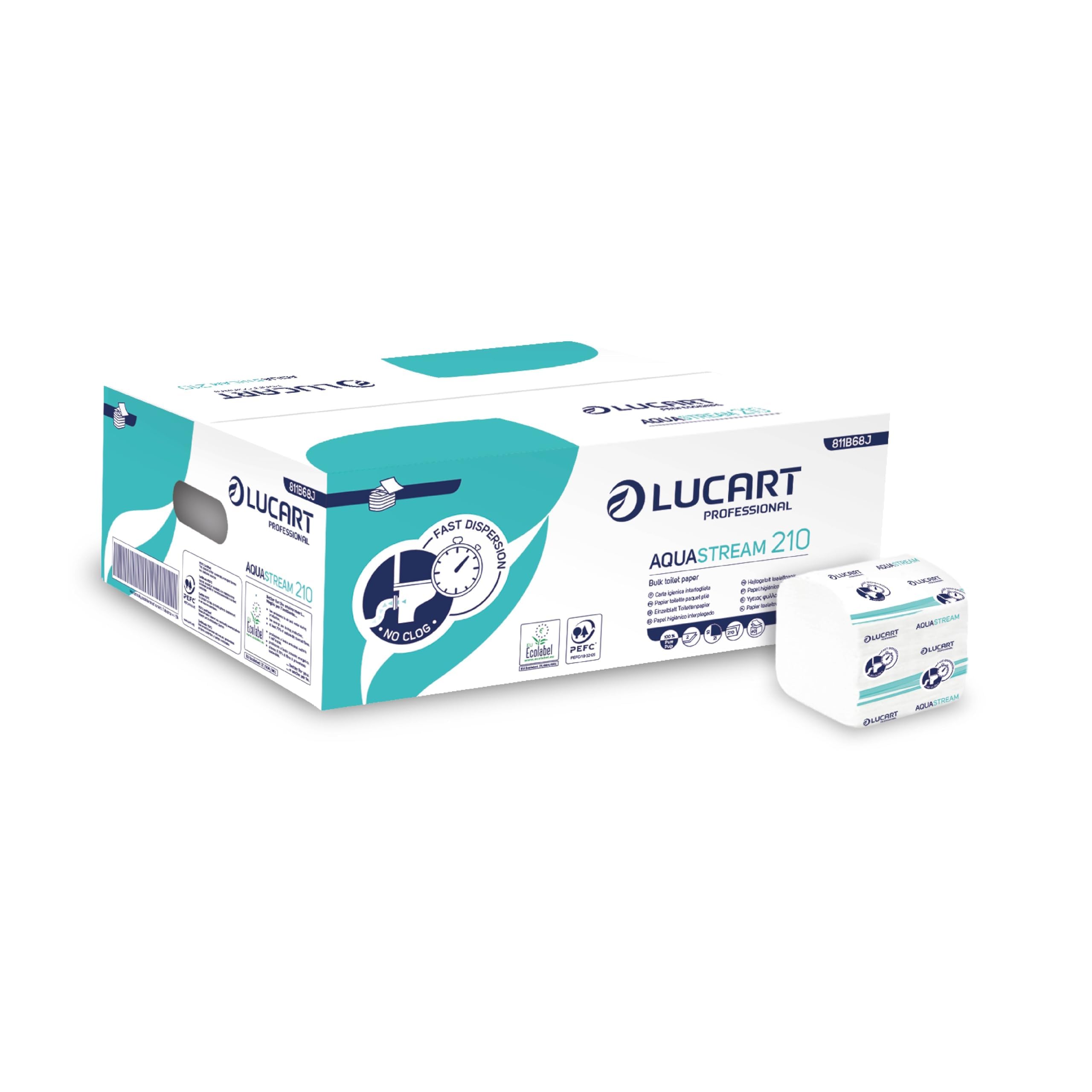 Lucart Professional, AquaStream 210, papier toaletowy z czystej celulozy o wysokim współczynniku tarcia, idealny do toalet publicznych i biurowych, 210 sztuk, 9,5x11 cm, 40 opakowań