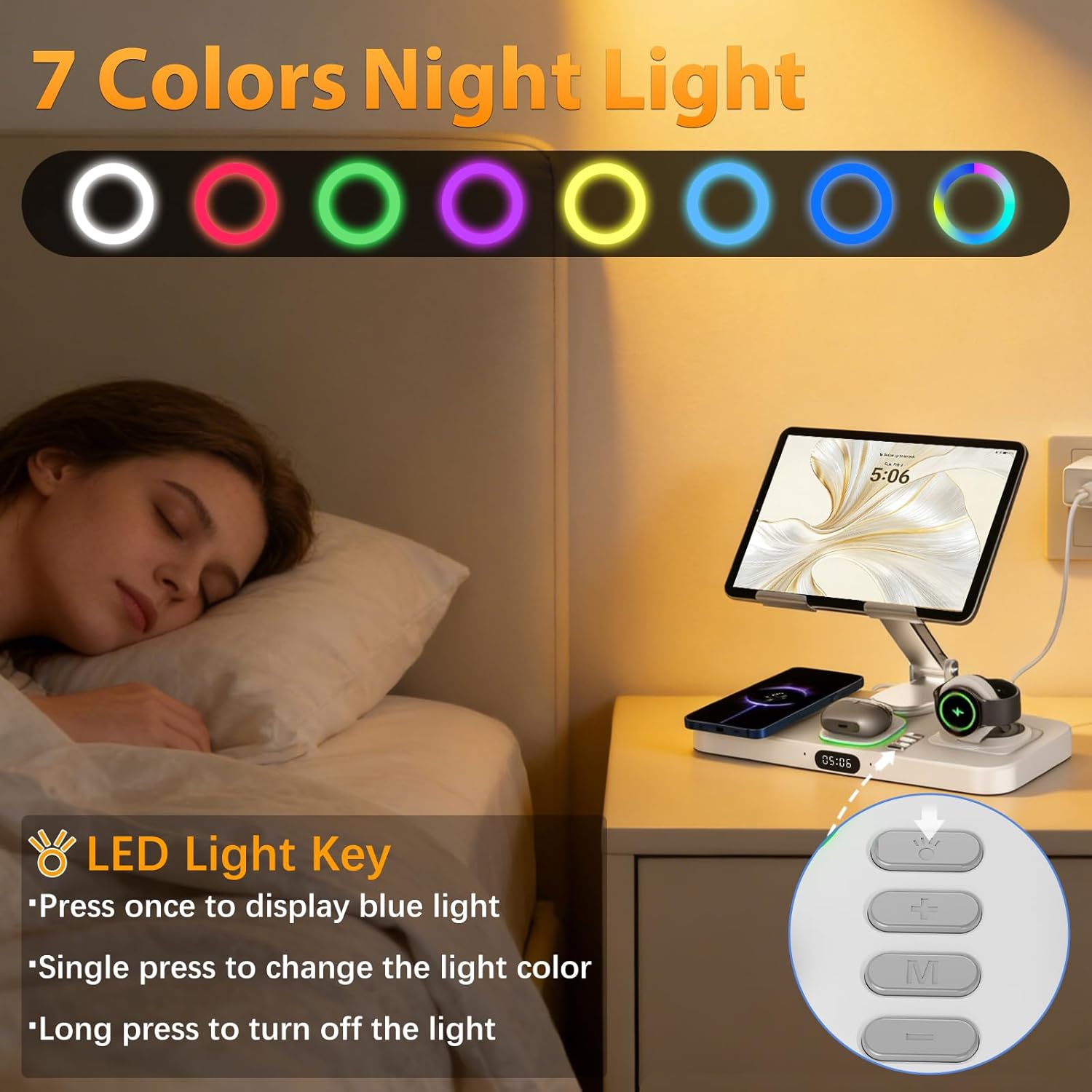 30W Foldable Fast Wireless Charger Stand for Multiple Samsung Device & Android, 6 in 1 Charging Station for Adjustable Tablet Stand with 7-Color Lights/Clock,Watch Charger Only for Galaxy Watch - Image 4