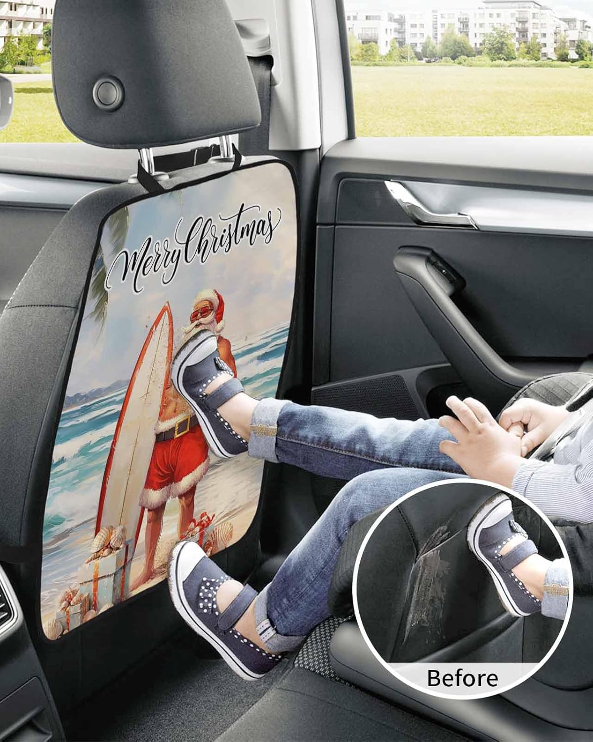 T&H XHome Car Seat Protector, 2 Pack Kick Mats Back Seat Protector Summer Beach Santa Surfing Shell Gift Waterproof Backseat Cover for Kids Universal Fit Automotive Interior Protectors