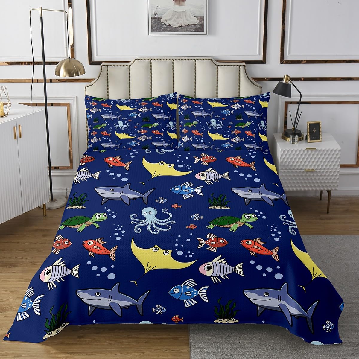Erosebridal Tortoise Quilt Set for Kida Boys Room, Sea Turtle Shark Coverlet Queen Size, Underwater World Bedspread, Octopus Sea Animal Bedding Set, Dark Blue