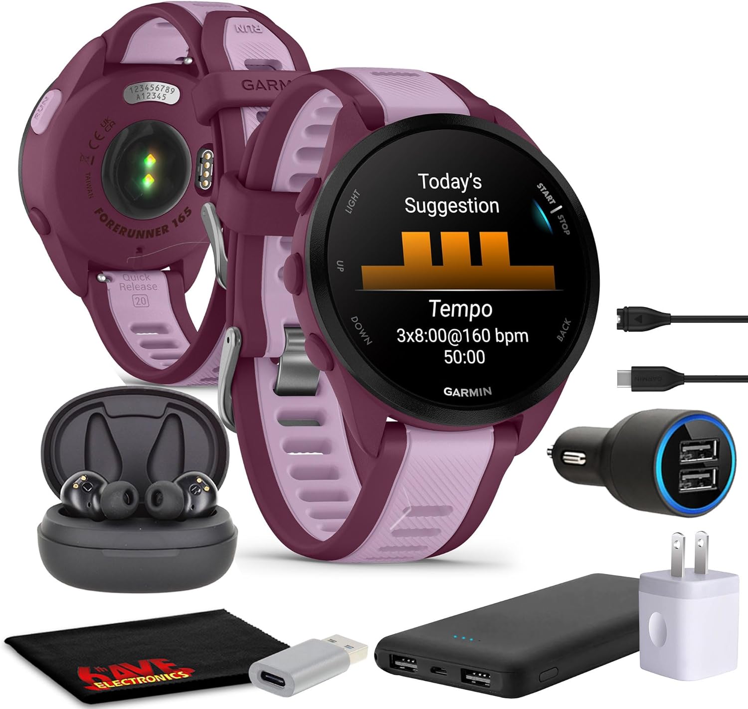 Garmin Forerunner 165 Music GPS Running Smartwatch, Fitness Tracker Smart Watch for Women and Men Bundle with Accessories - Berry/Lilac