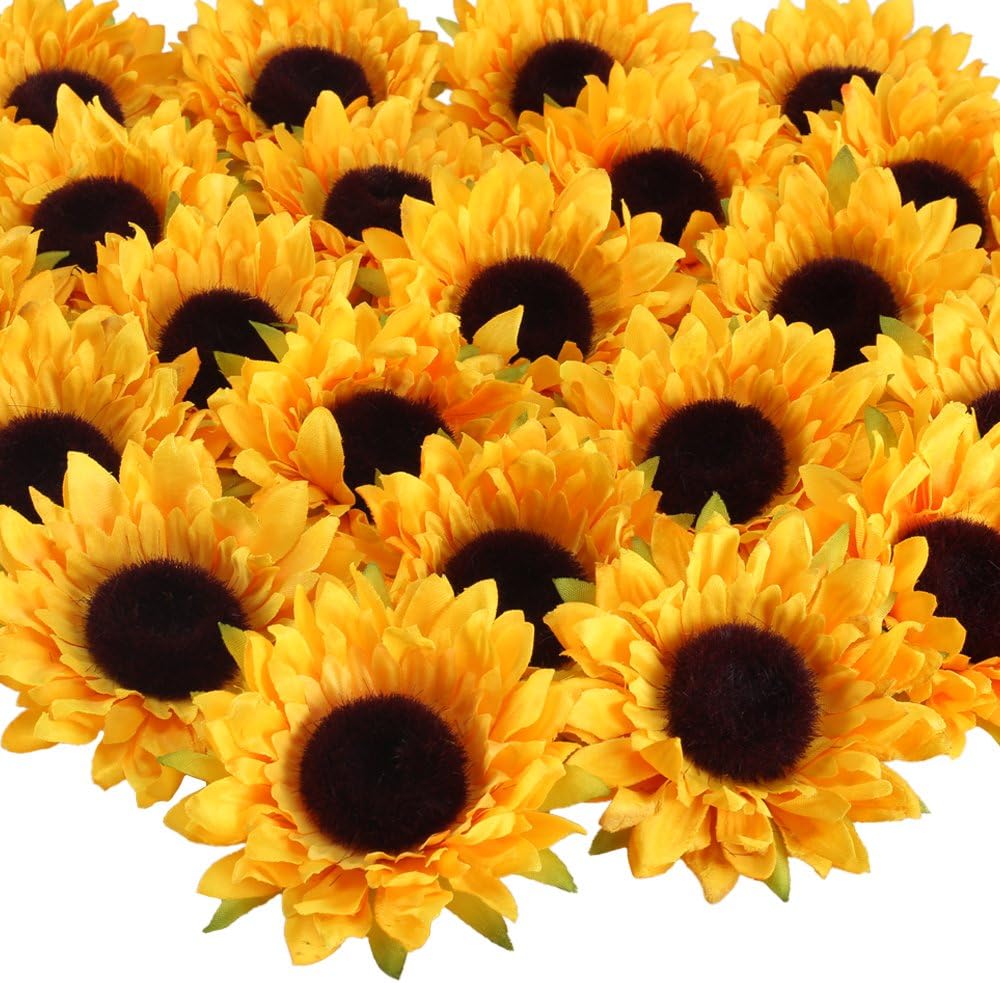 HUAESIN Sunflower Head 24 Pcs Artificial Sunflower Heads Fake Silk Sunflower Heads Faux Gerber Daisy Flowers Heads for DIY Crafts Wedding Home Kitchen Autumn Party Grave Decorations Yellow 9cm Wide