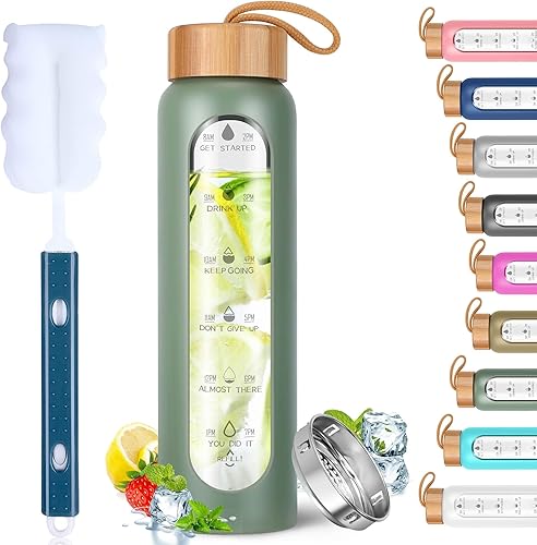 Miniatura 21 de Aqulea Botellas de agua de vidrio de 32 onzas con funda de silicona, botellas de agua motivacionales de vidrio de boca ancha reutilizables sin BPA