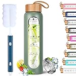 Aqulea Glass Water Bottles 25 Oz with Silicone Sleeve - BPA Free Reusable Wide Mouth Glass Motivational Water Bottles with Fruit Infuser - Leak Proof Borosilicate Water Bottle with Time Marker (Green)