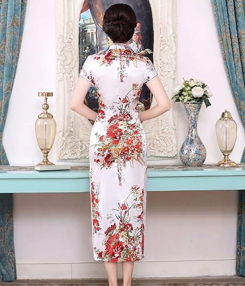 Amazon | チャイナドレス 本格 サテン 詰襟 スリット ロング 半袖 旗袍 マンダリン ドレス レディース 花柄 (M, 白) | レディース 通販