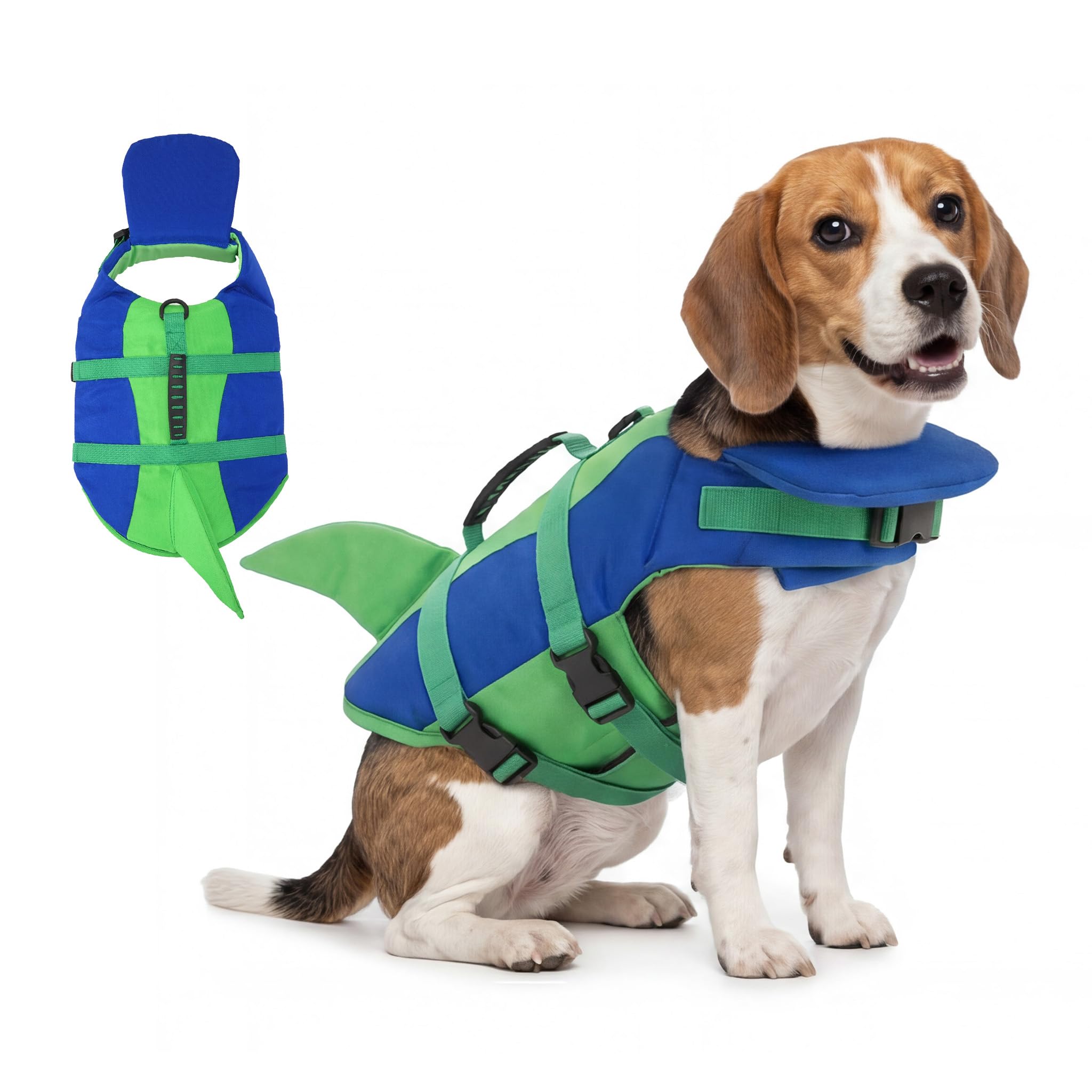 Ranphy Shark Dog Life Jacket with Chin Float, High Buoyancy Swim Vest with Rescue Handle & Lead Ring for Pool Boating Beach, Small Medium Large Dogs, Blue, M — image 1