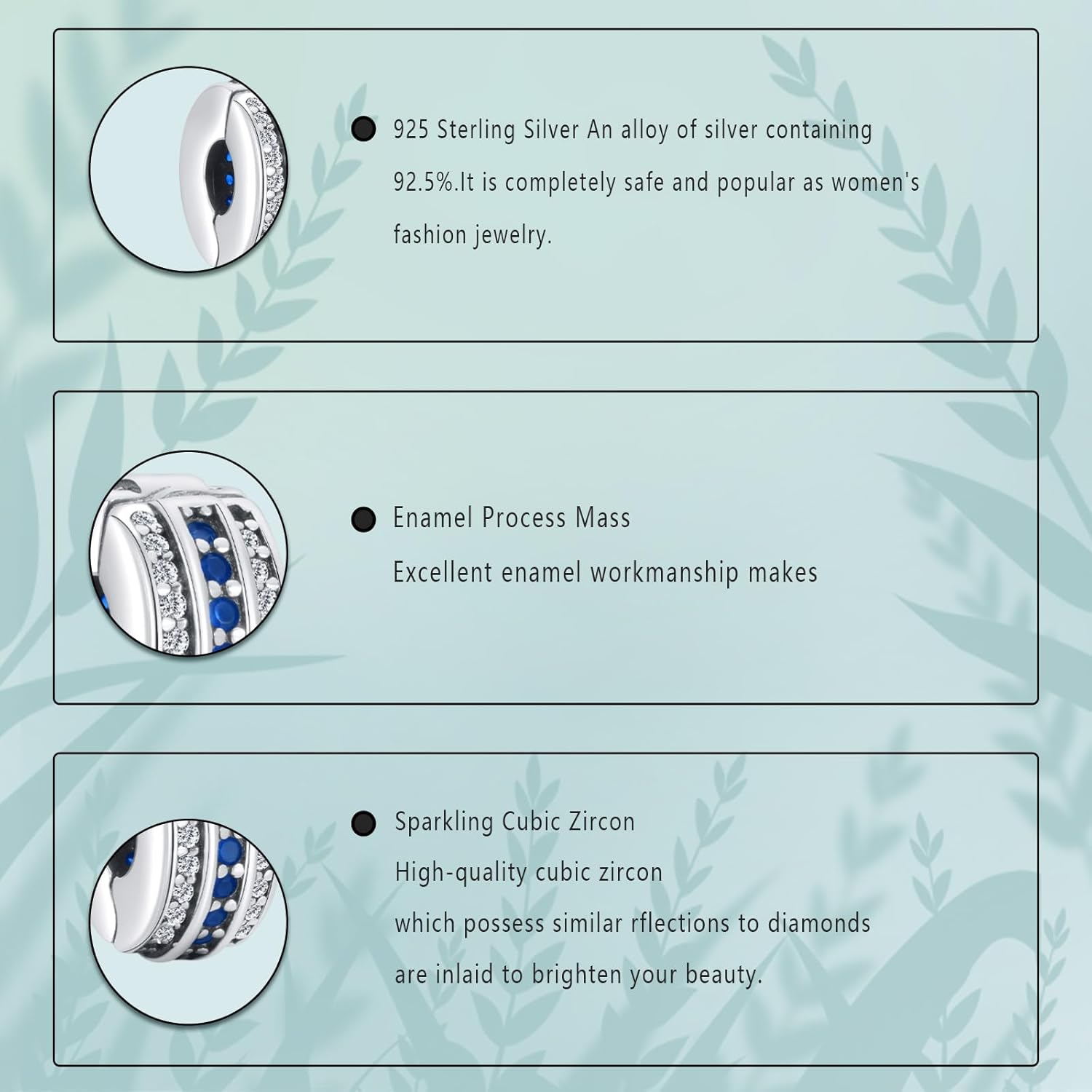 925 Sterling Silver Charms Clips Set Biue 5a Zircon Bracelet Bead Clip 2 Per Pack - Image 3