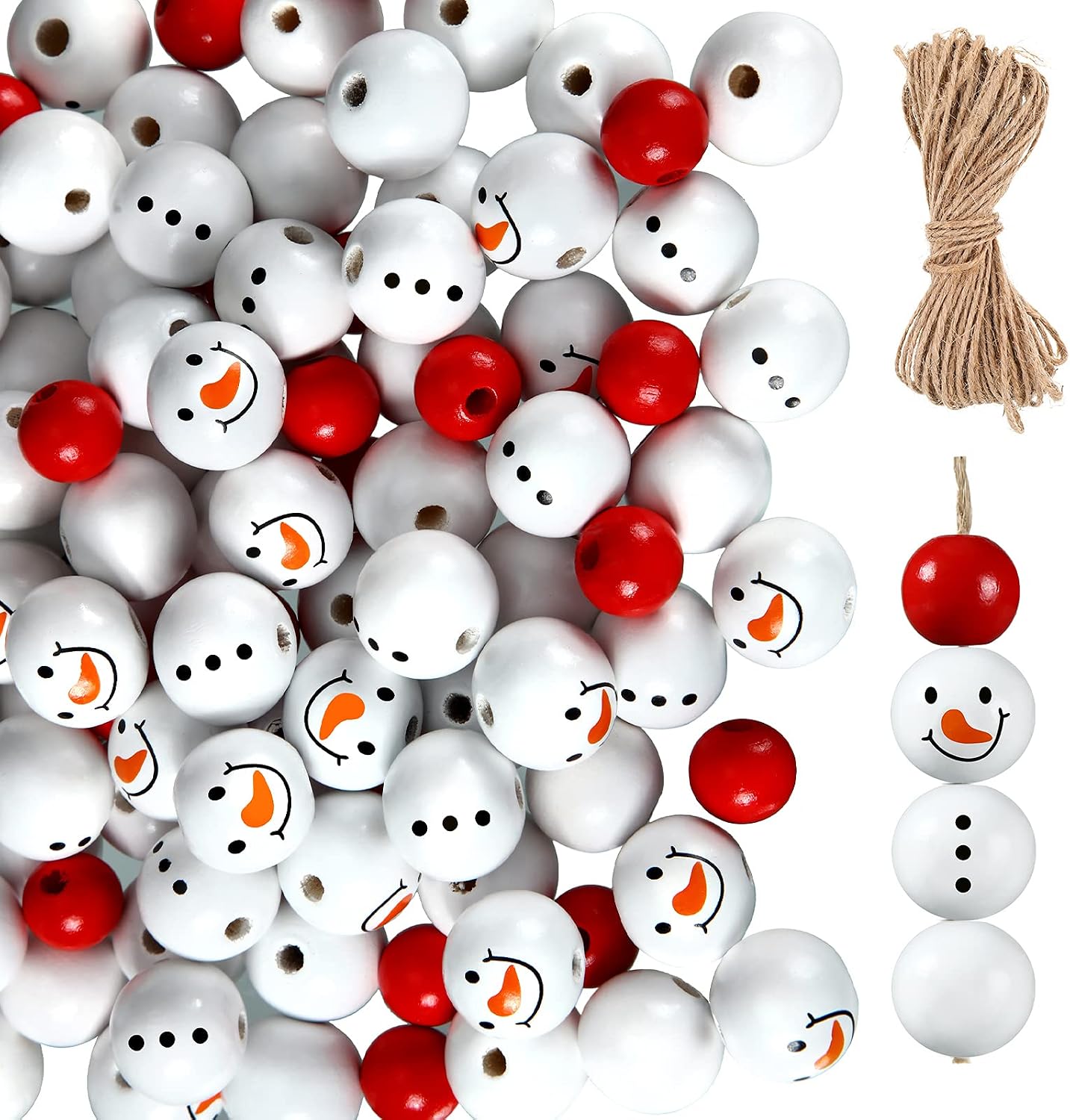 Christmas Snowman Wooden Beads Rustic Farmhouse Beads Polished 160 Pieces Christmas Wooden Beads Wooden Craft Beads with 32.8 Feet Rope Craft Supplies for DIY Craft Decoration (Red and White)
