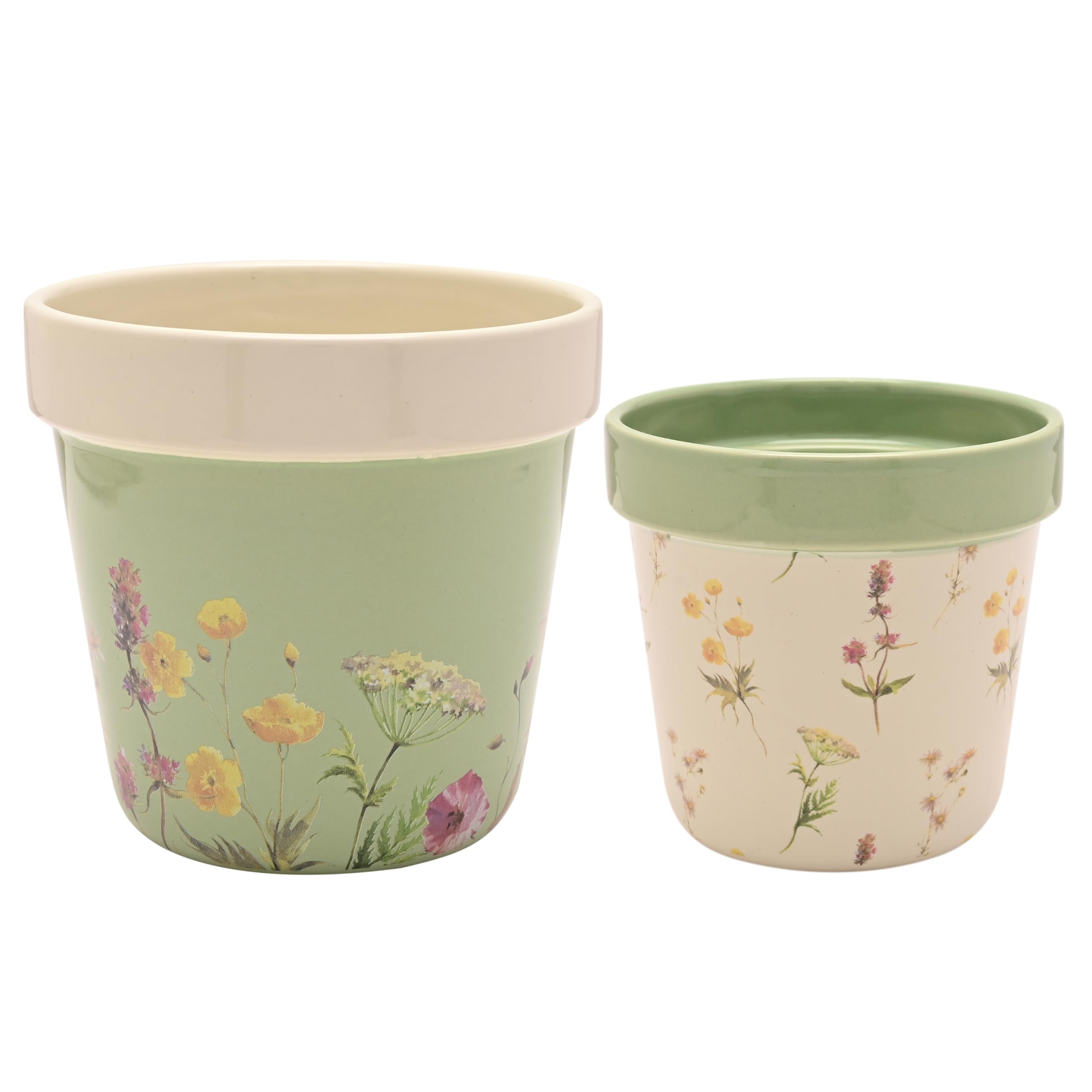 Widdop And Co Green - Flowers Country Living Set Of 2 Planters - Flower Pots For Plants, Cute Flowerpot For Garden, House, Living Room, Office, Small Indoor & Outdoor Gardening Gifting - 12Cm X 11Cm (Green - Flowers)