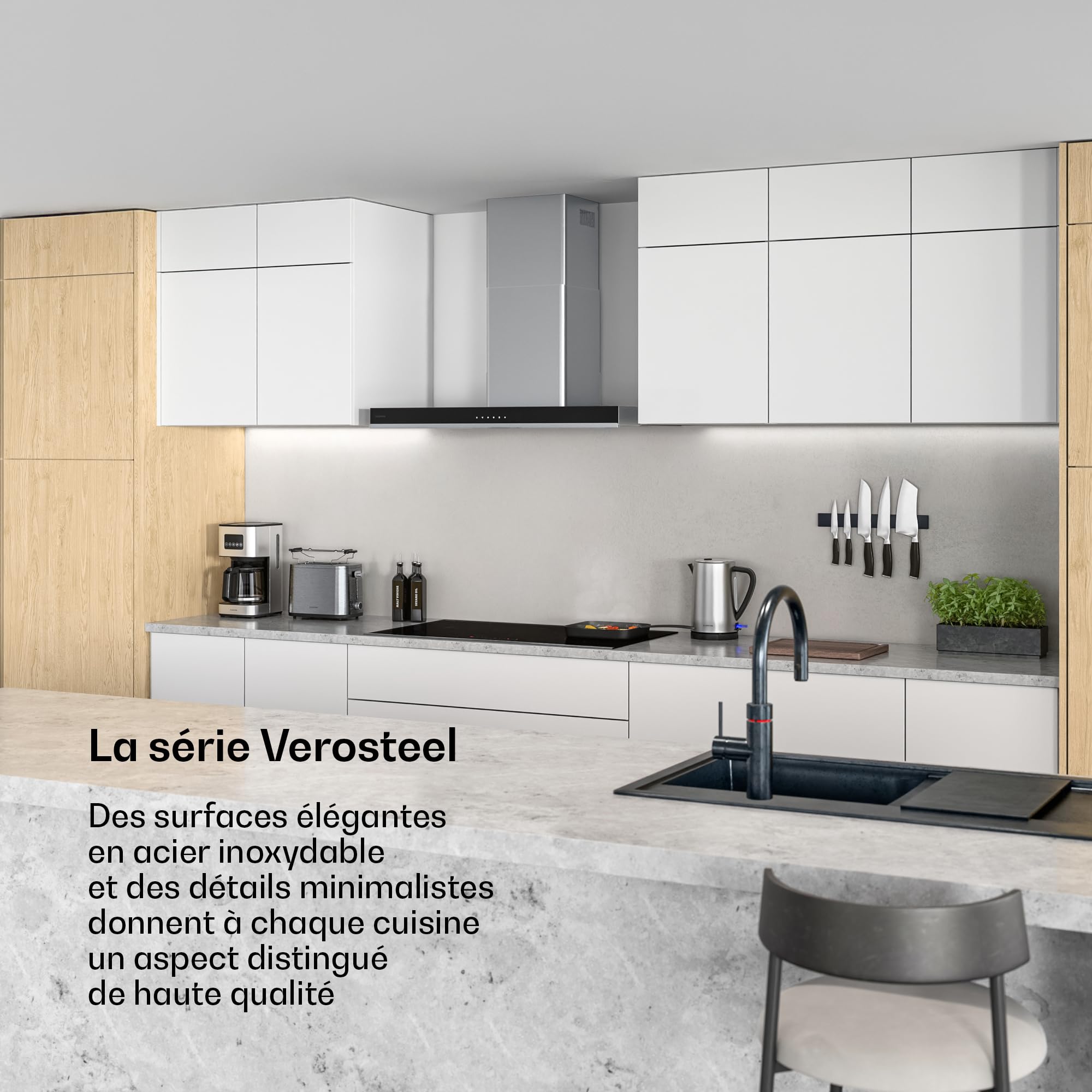 Klarstein Verosteel Hotte Aspirante 90 cm - Hotte Murale, 881,6 m³/h, A++, Commandes Tactiles, LED, Inox & Verre, 3 Vitesses + Boost, Filtre Charbon, Hotte Cuisine Silencieuse