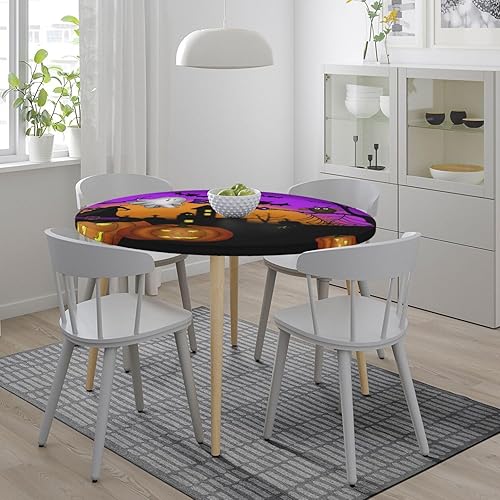 Miniatura 7 de Mantel redondo de Halloween con borde elástico, castillo de calabaza, fantasma, murciélago, lavable, lavable, mantel de poliéster para cocina,