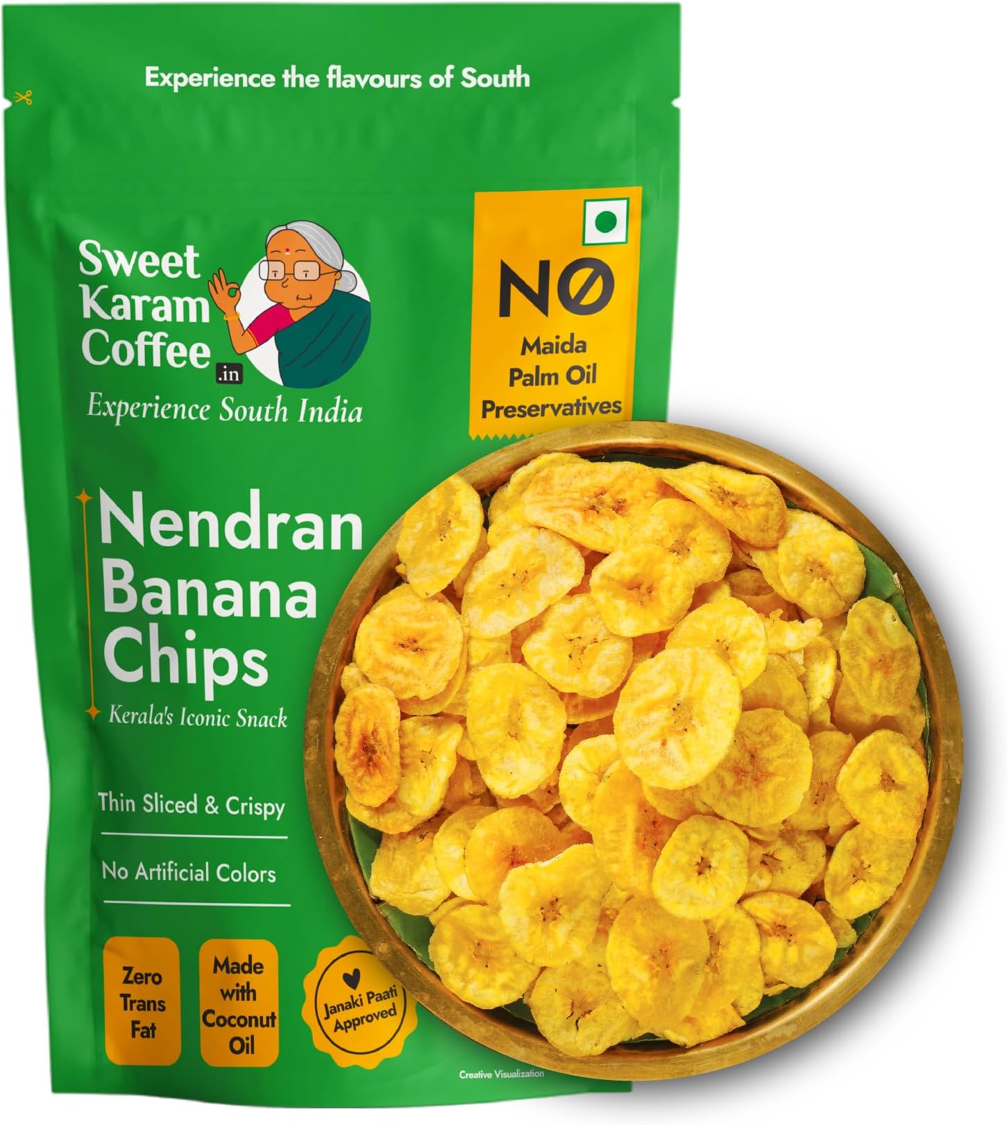 Sweet Karam Coffee Nendran Banana Chips – 200 grams | Made with 100% Coconut Oil | No Preservatives | Kerala Special Crispy, Thin Sliced Yellow Plantain Wafers | Healthy Tea Time Snack