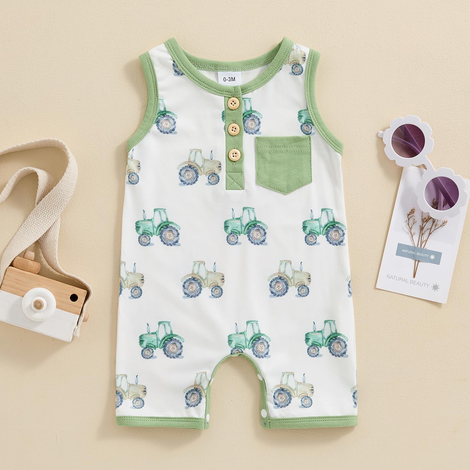 Santikisler Infant Baby Boy Clothes Summer Sleeveless Tank Romper Tractor Animal Jumpsuit Button Pocket One Piece Outfits (Green, 12-18 Months)