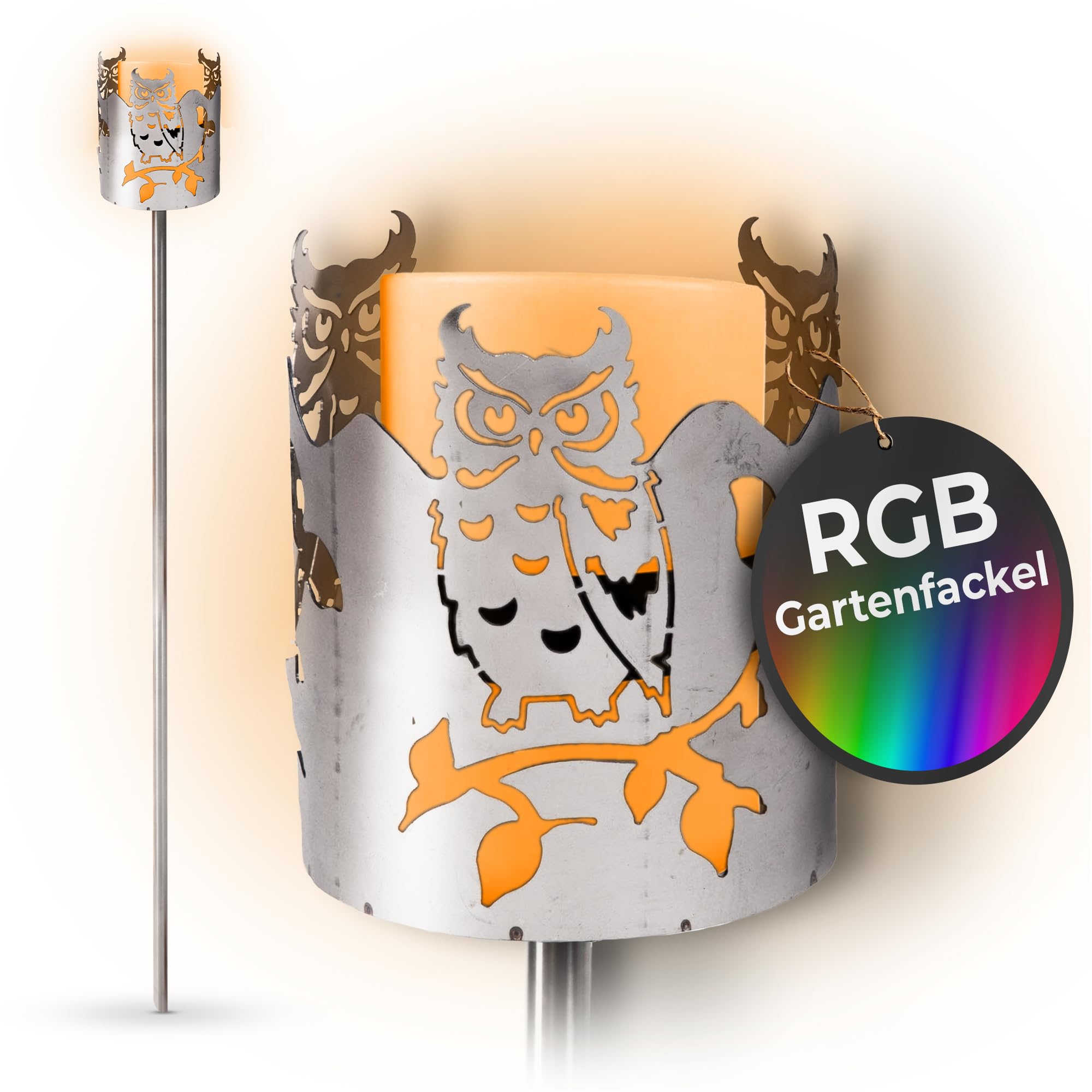 Gartenfackel RGB LED Leuchte Motiv Eule - Rost Lampe Gartenlampe RGB LED Leuchte für draußen Gartenleuchte Fackel Garten