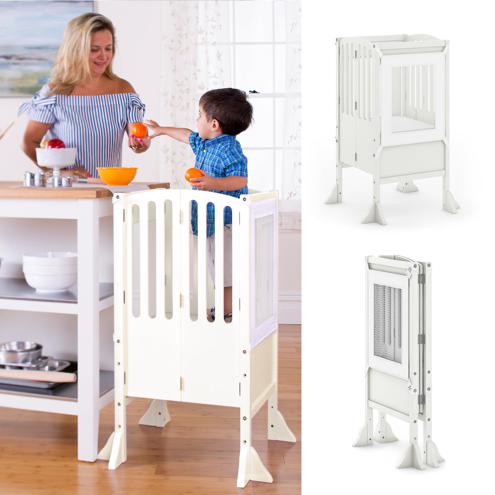 Guidecraft Contemporary Kitchen Helper® Stool with 2 Keepers- Ivory: Foldable, Adjustable Height, Wooden Step Stool Tower for Toddlers | Little Kids Safety Learning Furniture