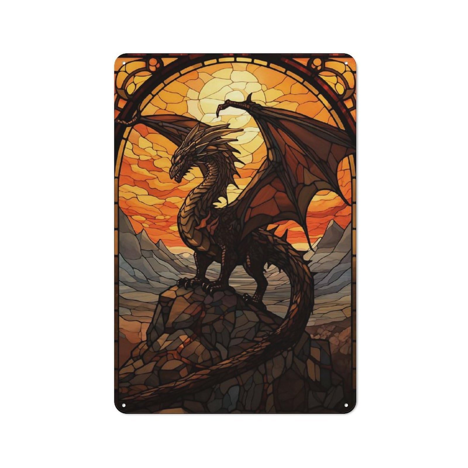 Junmoney Dragon Stained Glass For Dining Room Or Kitchen, Vintage Metal Sign 30X20cm, Gift For Dining Room Decor Fans During The Christmas Season