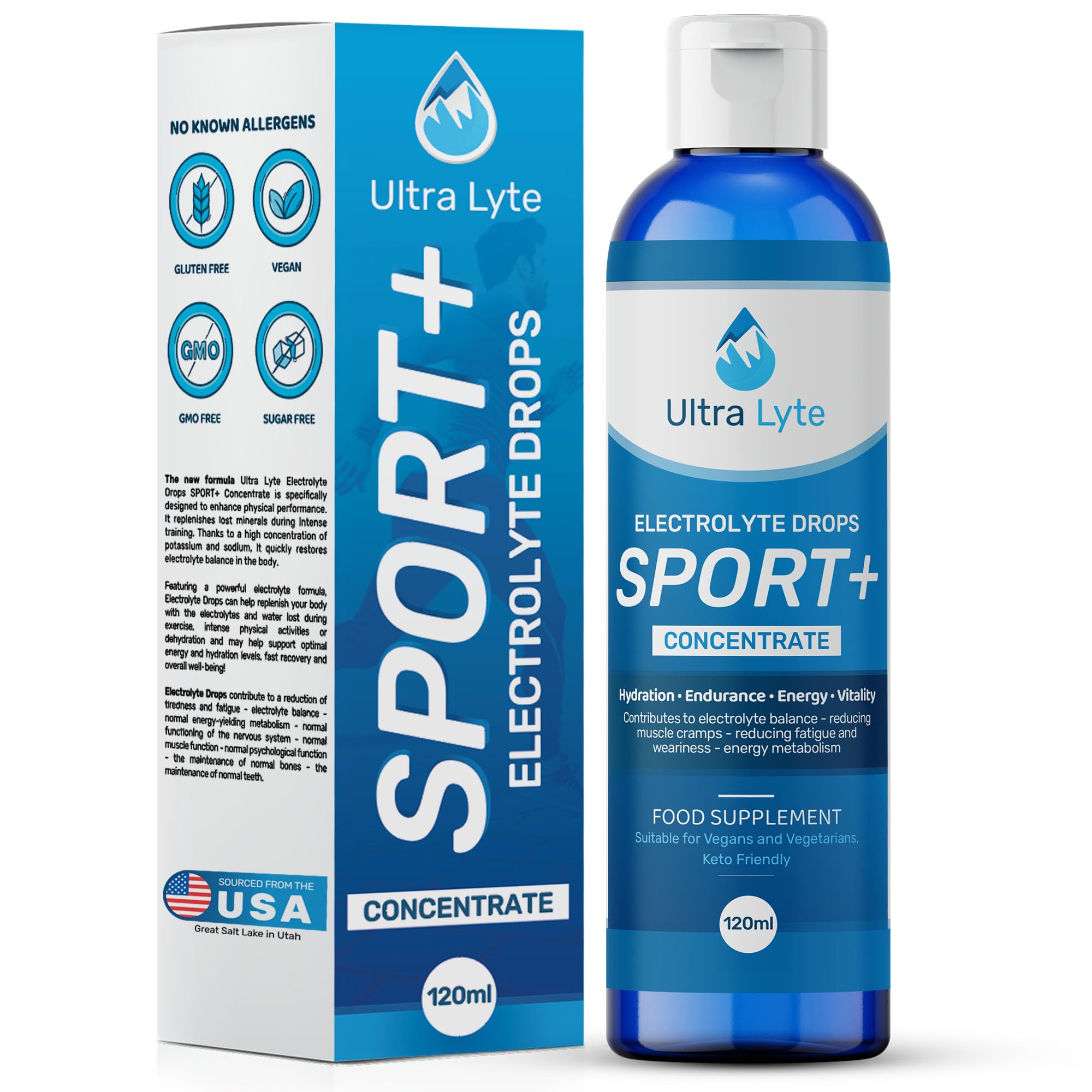 Ultra Lyte Gotas electrolíticas Sport Plus – Apoyo electrolítico ceto para una hidratación rápida, sin azúcar, sin gluten, alivio muscular, botella de 120 ml, para atletas y personas activas