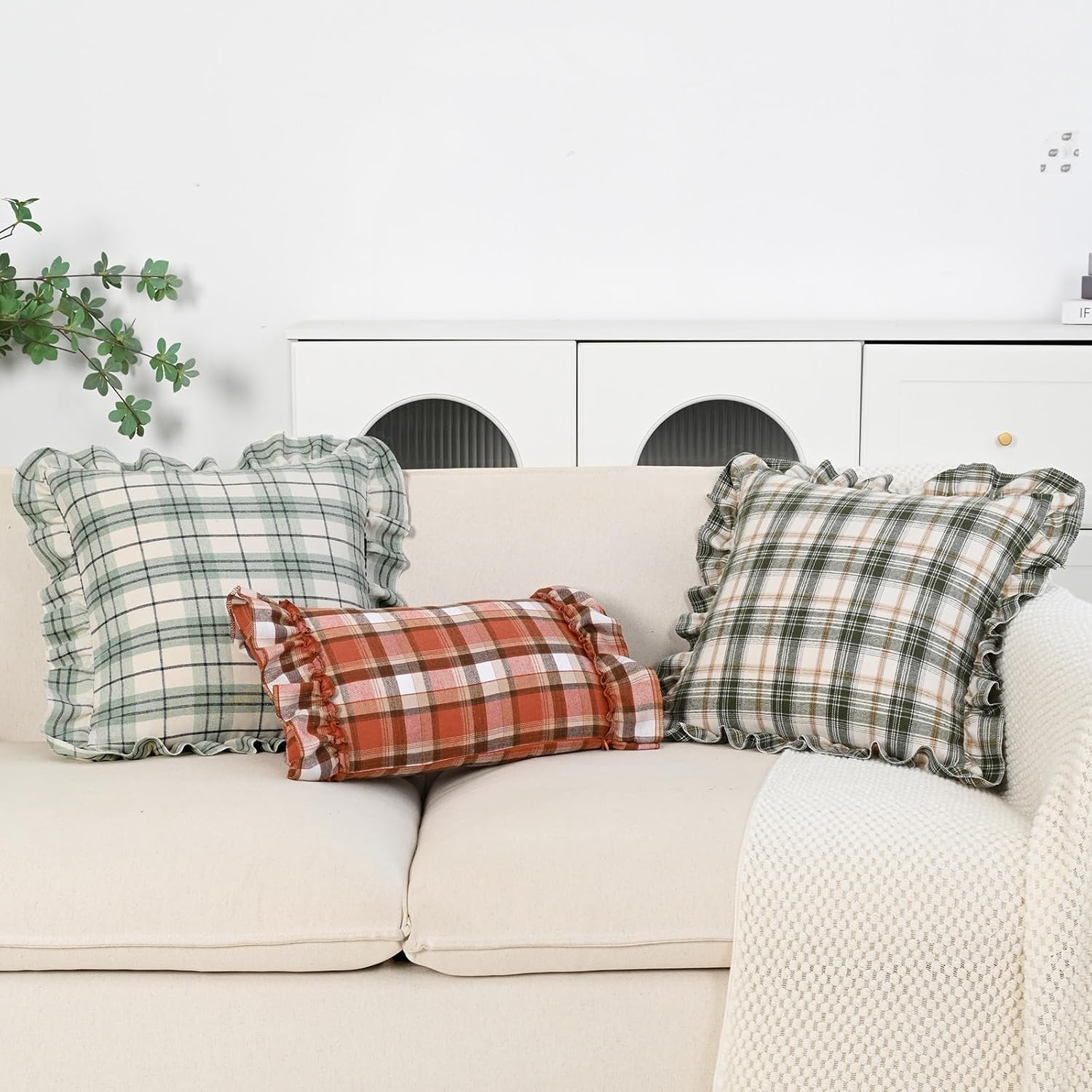 vctops Pack of 2 Ruffled Decorative Throw Pillow Covers 18x18 Inch Christmas Plaid Cushion Case Boho Farmhouse Home Decor Accent Soft Pillowcases for Couch Bed Livingroom (Yellow Green A,18"x18")