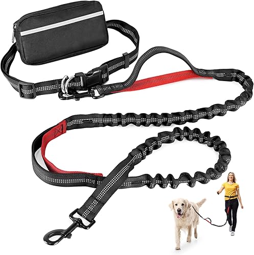 Miniatura 7 de Correa de perro manos libres con bolsa de cremallera, correa elástica retráctil con asas acolchadas dobles y cinturón de cintura para entrenamiento