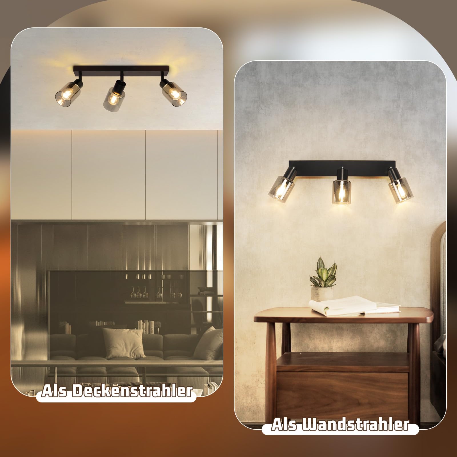 Deckenstrahler 3 flammig Deckenlampe Vintage: Deckenleuchte Schwarz | Schwenkbar Küchenlampe Metall Deckenspots Glas Spotleuchte Wand für Wohnzimmer Flur Küche inkl. 4 × E14 2700K Leuchtmittel