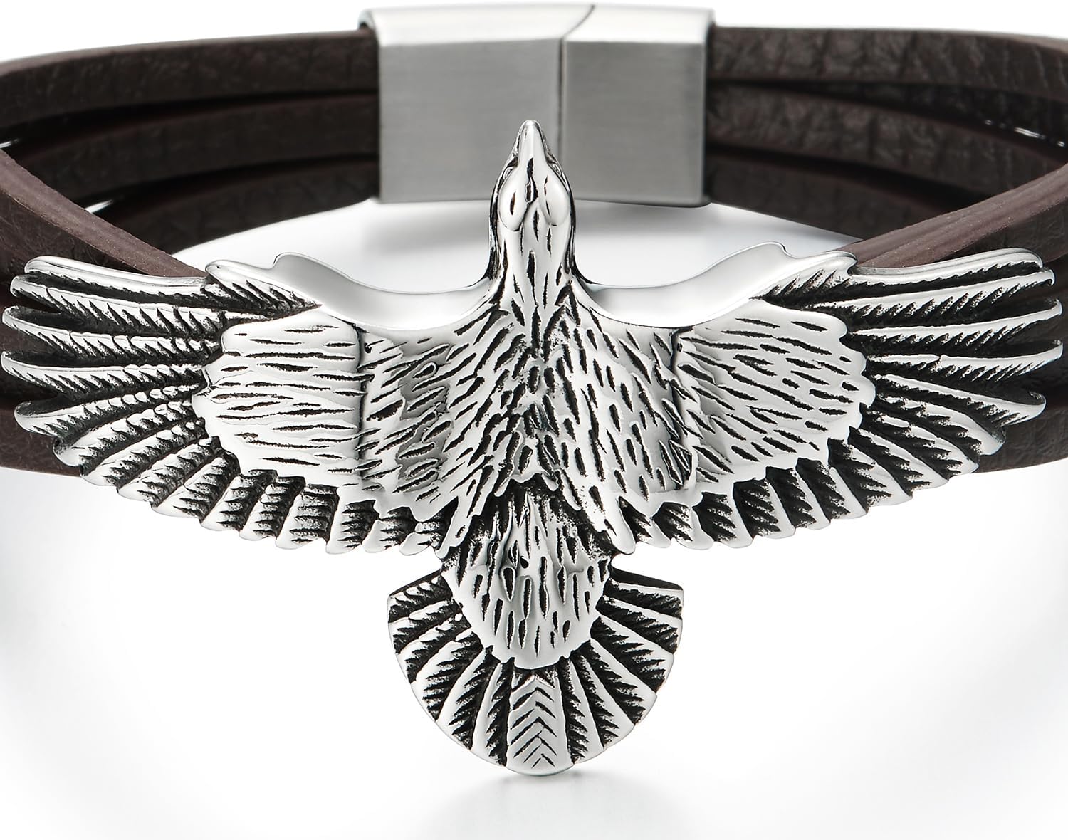 COOLSTEELANDBEYOND Rock Punk Stainless Steel Flying Eagle Bangle Bracelet Brown Leather Wristband for Men, Multi-strand - Image 3
