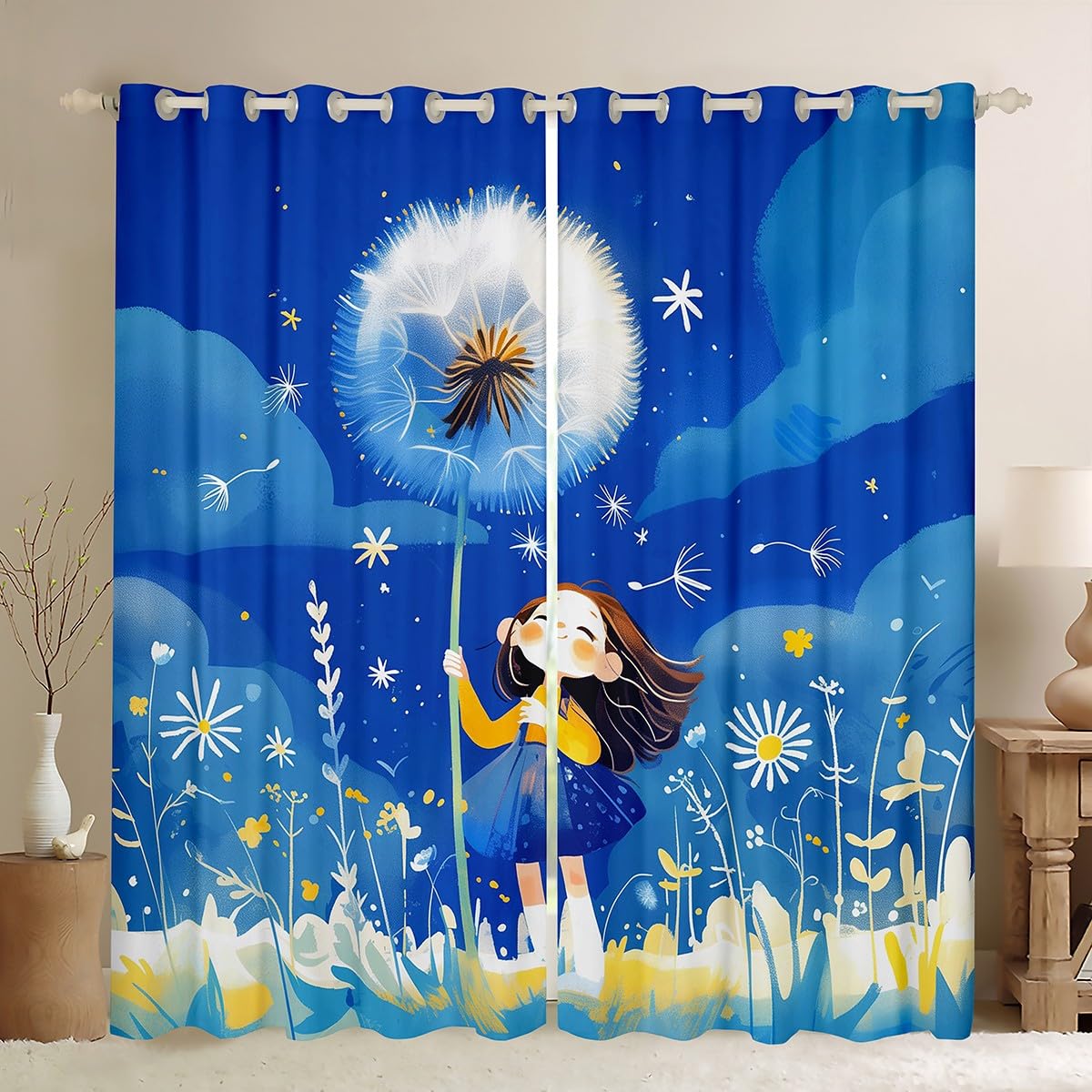 feelingyou Cartoon Dandelion Girl Blackout Curtains Cartoon Wild Daisy Flowers Graffiti Window Drapes for Kids Girls Teens Blue Sky Nature Rustic Style Curtains for Living Room 2 Panels 66Wx90L