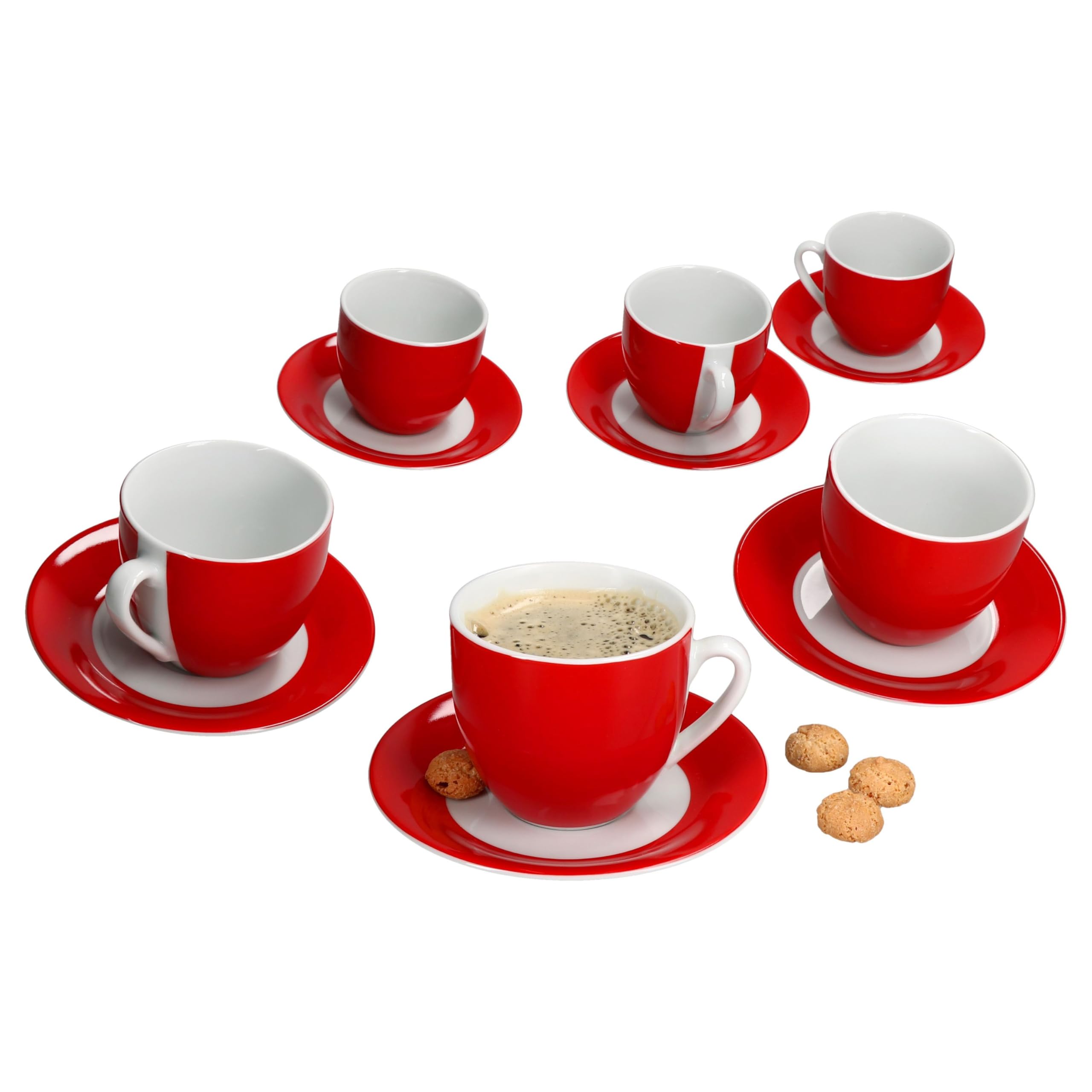 MamboCat Variant Lot de 6 tasses à café rouges avec soucoupes pour 6 personnes I Service en porcelaine colorée pour le petit déjeuner et le café I 6 tasses à thé de 200 ml et soucoupes I Vaisselle