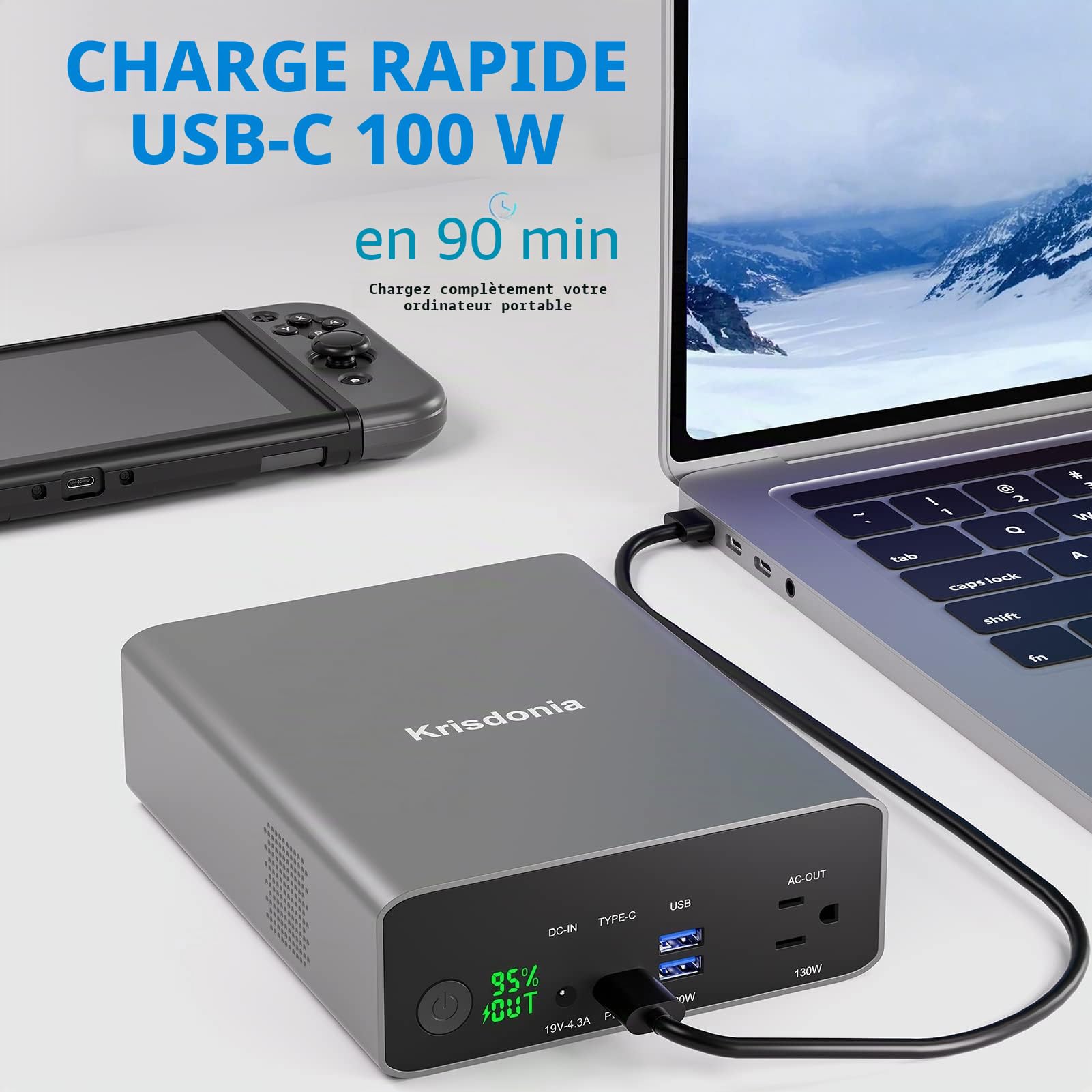 Batterie Externe, Krisdonia Chargeur Portable 80000mAh à 4 Ports avec Puissance de 130W, USB C 100W et 2 Ports USB-A (QC3.0 18W) pour la série iPhone, Samsung, MacBook, Dell, HP, ASUS, AirPods