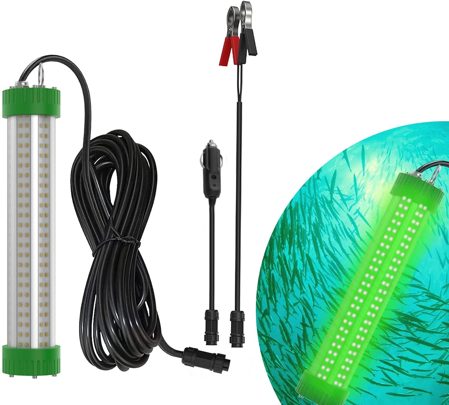120W LED Underwater Fishing Light, Green Amber White 360° Submersible Fish Attracting Light, 12V/24V Waterproof Boat Fishing Light with 33FT Cord & Alligator Clips (120W, 33FT Cord)