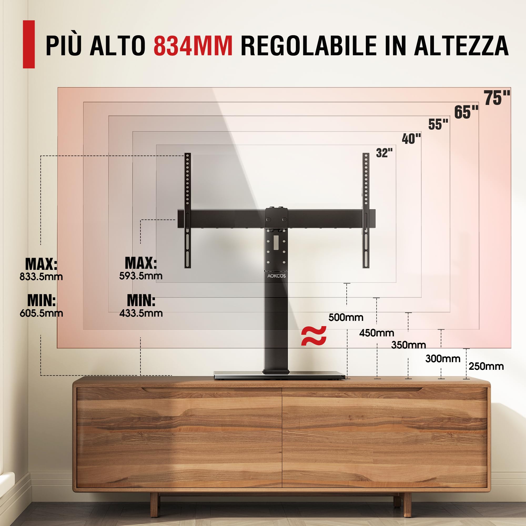 AOKCOS Supporto TV da Tavolo Girevole per 32-75 Pollici, Piedistallo TV Universale con Base, Porta TV Altezza Regolabile Max VESA 600x400mm 50KG