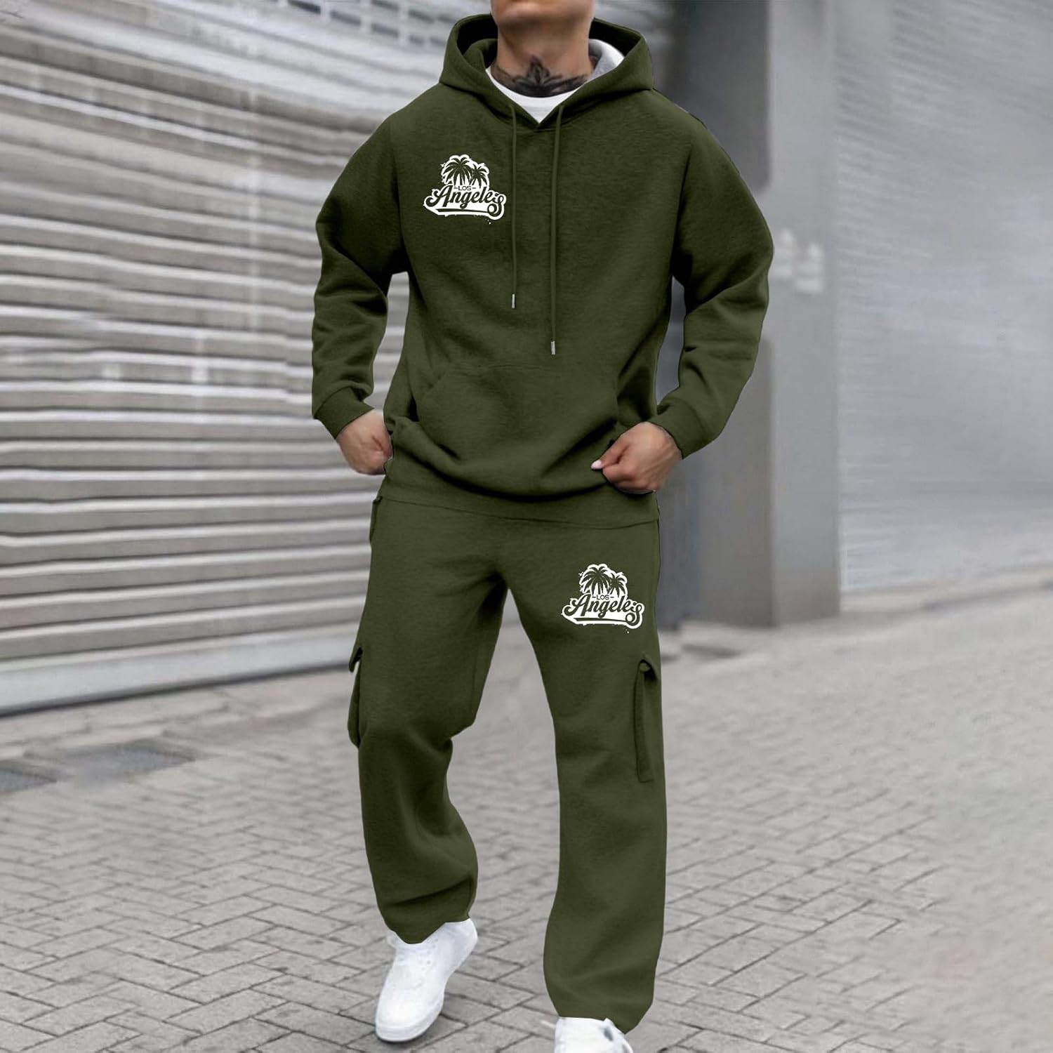 Generisch Joggingpak voor heren, trainingspak, vrijetijdspak, capuchontrui joggingbroek, 2-delig, luchtig katoen, warm, Y2K, zakken, capuchon, gym, sportpak, fitness, lichtgrijs, S