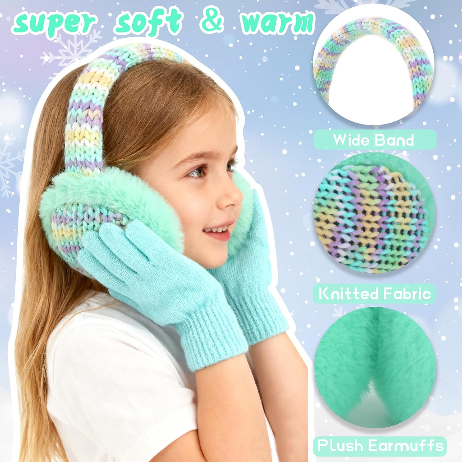 Knit Ear muffs Gloves Set for Kids Adjustable Winter Warm Furry Cat Ear Warmers for Girls Boys Outdoor - Image 3