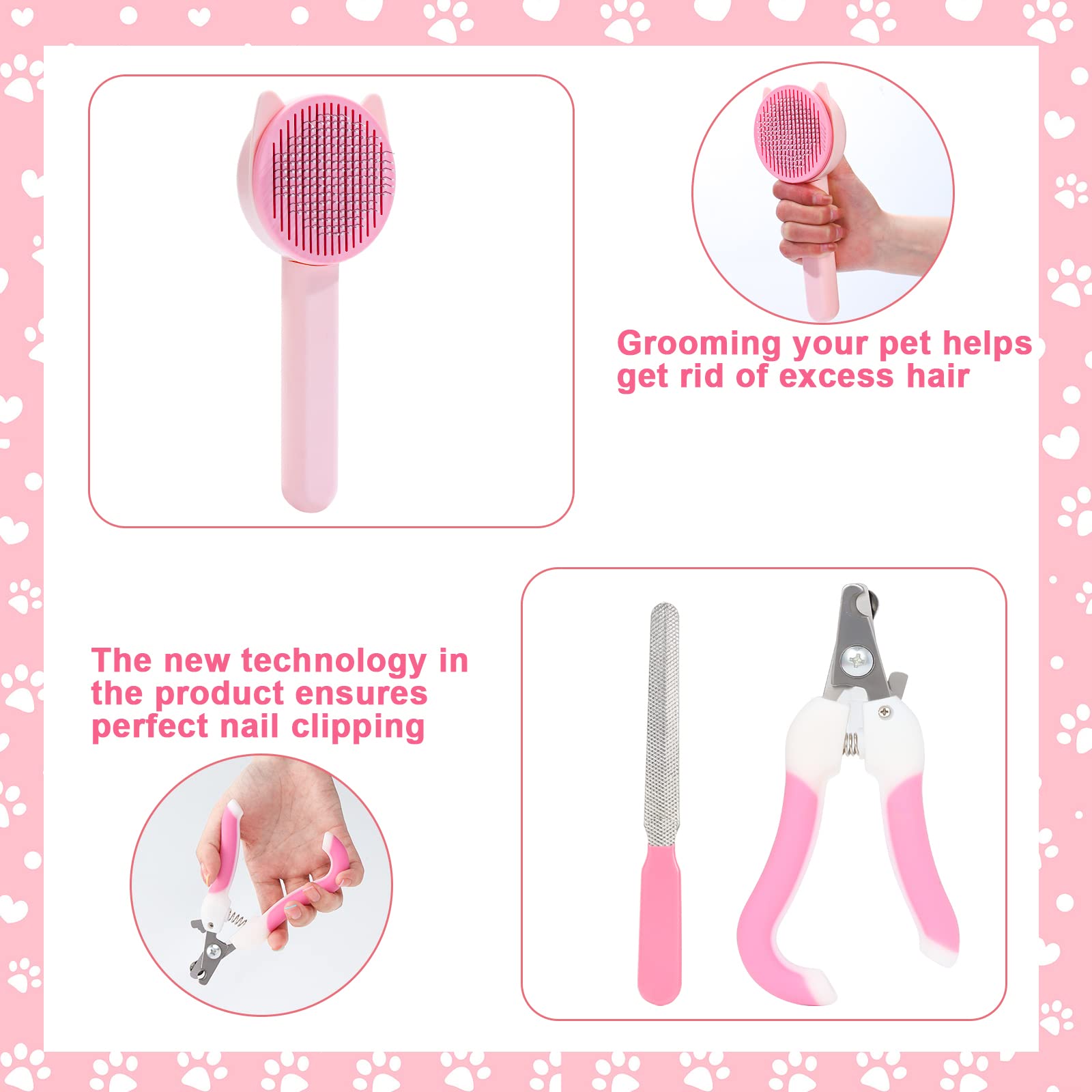 VCZONE 8 Pcs Cat Brush Grooming Kits, Pet Self Cleaning Kit with Pet Nail Clipper and File, Flea Comb, Pet Shampoo Bath Brush, Pet Shedding Brush, Silicone Toothbrush (Pink)