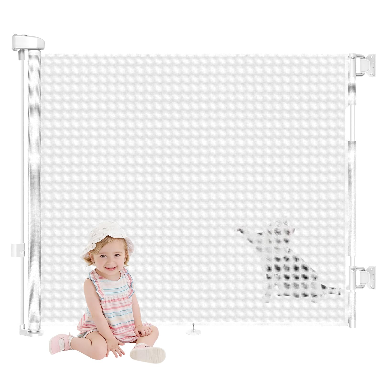 Olqi White Retractable Stair Gate For Baby,Mesh Extendable Dog & Pet Stair Gates - 86Cm Tall & 140Cm Wide,Kid/Child Safety Gate For Indoor/Outdoor/Doorways/Hallways/Stairs (White)