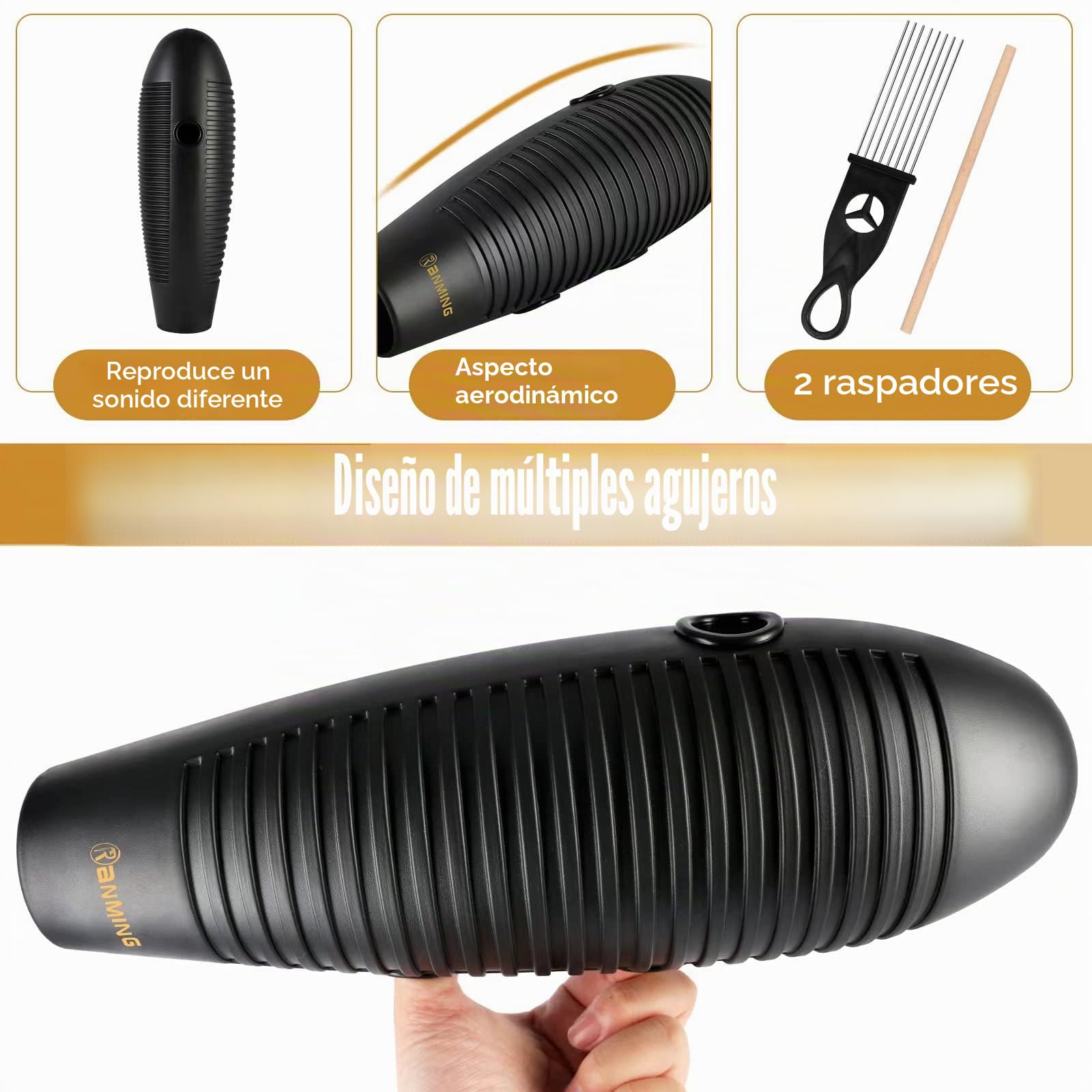 RANMING Guiro Instrument - Instrumento de percusión latina con forma de pez Super Guiro de 3.9 x 13 pulgadas con 2 raspadores Guiros, herramienta de entrenamiento musical para principiantes y amantes