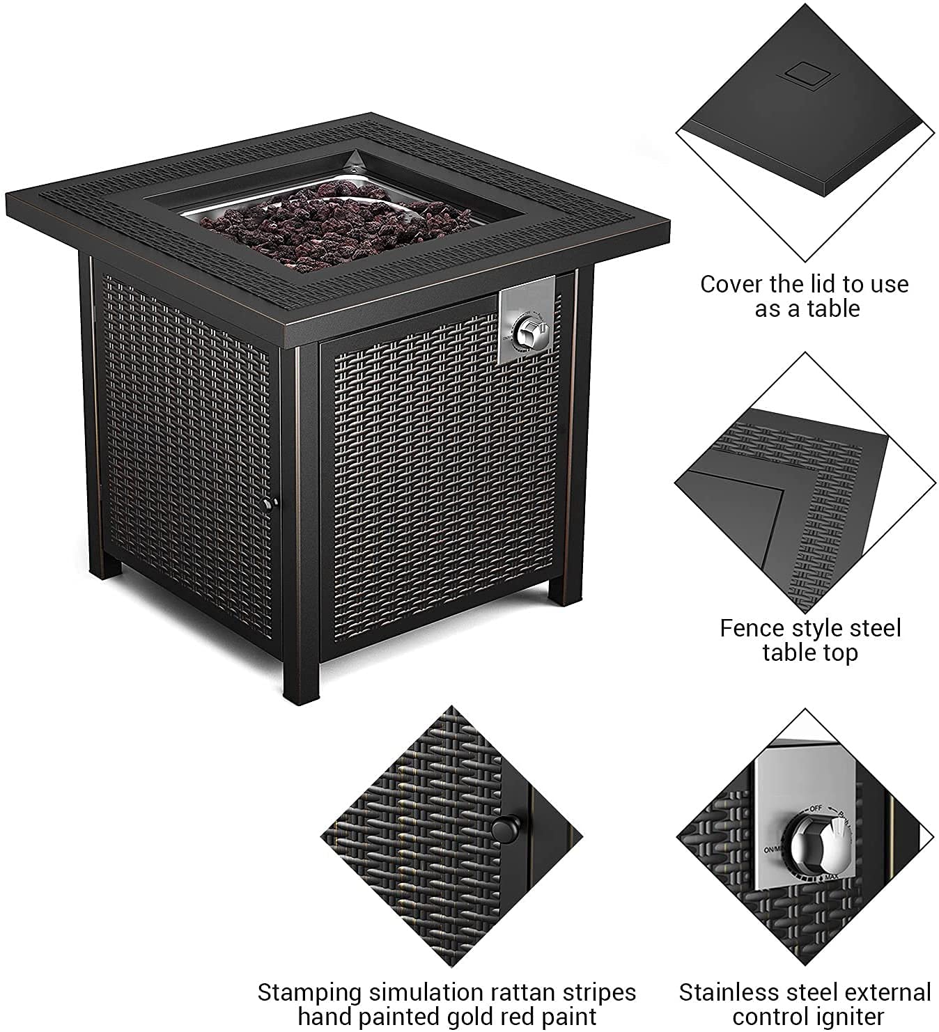 28" Propane Fire Pit Table, Black Outdoor Fire Table, Square Rattan