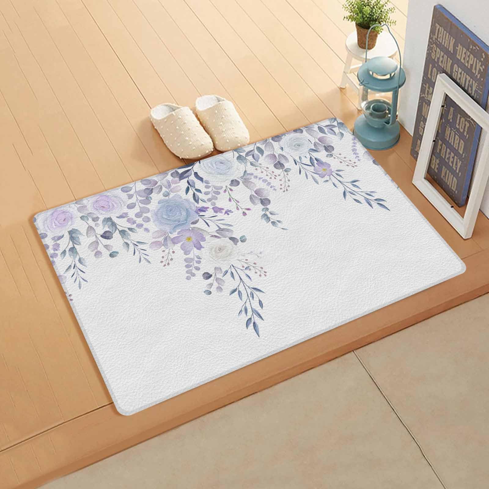Purple Floral Kitchen Bath Door Mat Cushioned Runner Rug,Washable Welcome Floor Sink Antifatigue Mat,Waterproof & Non-Slip Comfort Standing Doormat,Spring Blossom Flowers Leaves Watercolor 18
