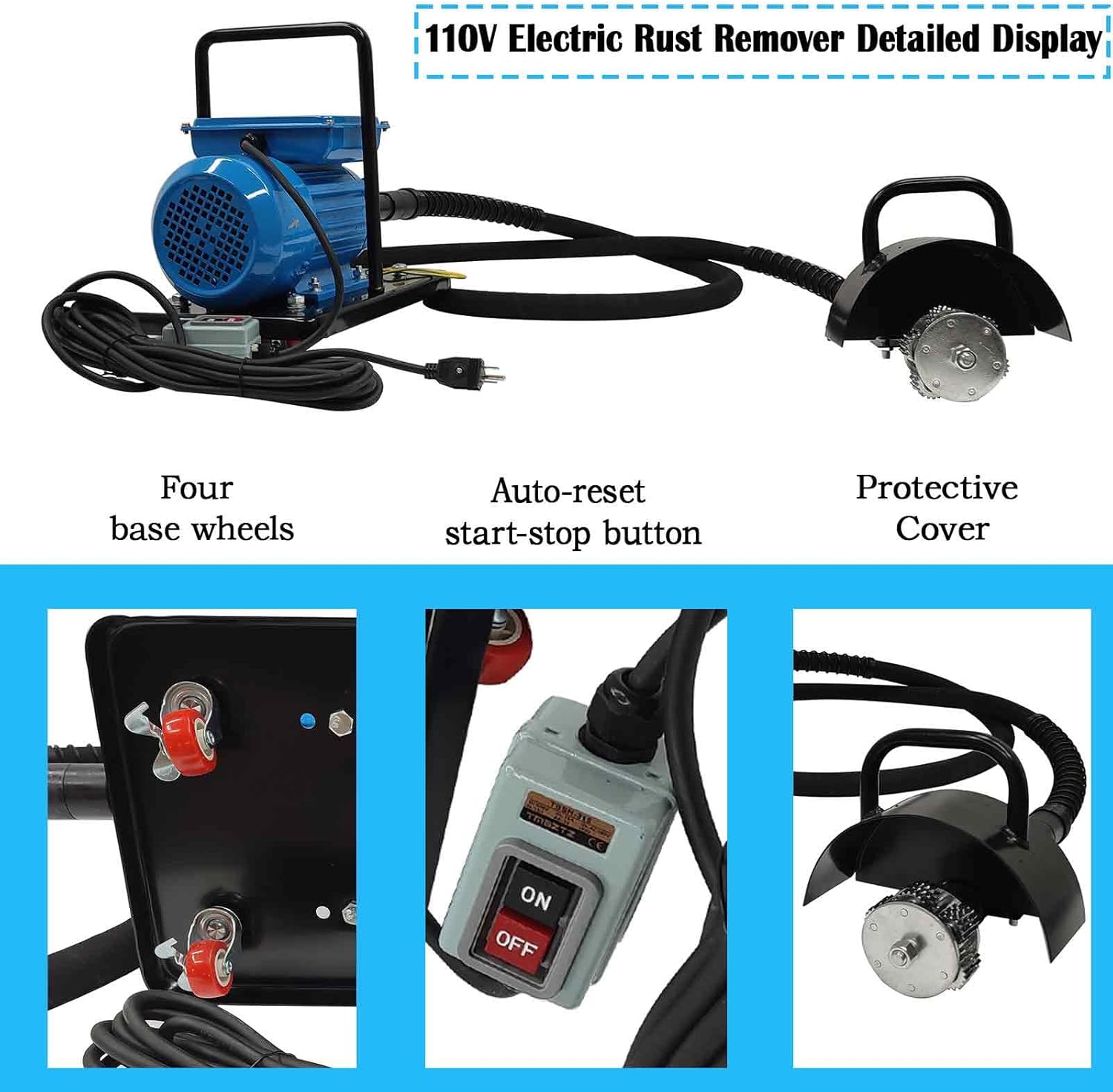 Hand-Pushed Electric Rust Remover for Steel Deck & Concrete Surfaces 110V 1100W with 5 Interchangeable Brush Heads, 3m Flexible Shaft, IP44, 7m Power Cord