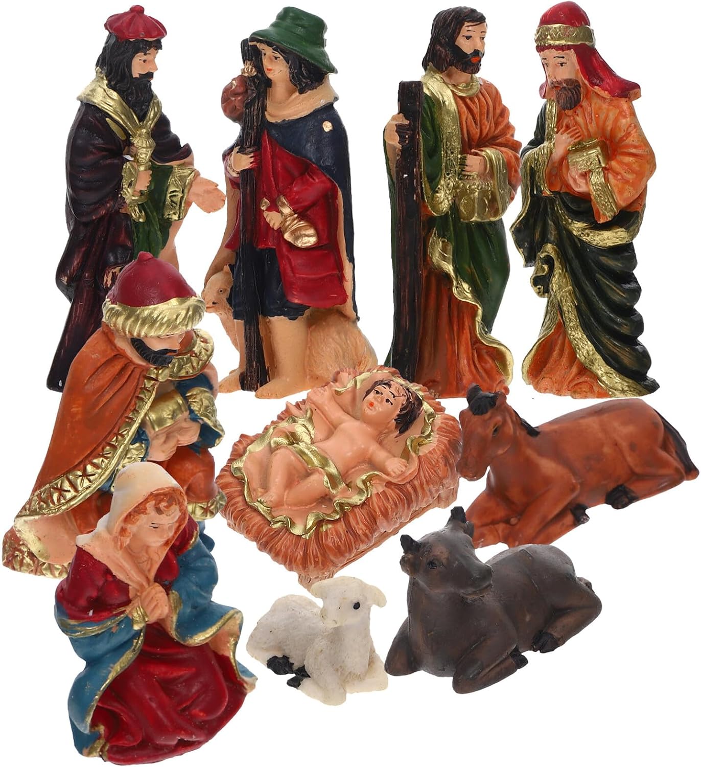 Christmas Nativity Figurines 10pcs Resin Jesus Manger Set Small Hand-Painted Nativity Ornaments Desktop Holiday Décor for Christian Home