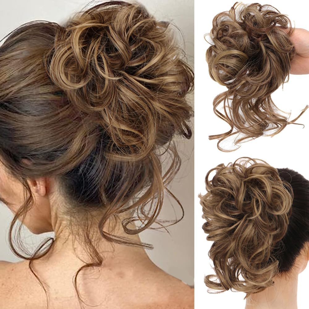Kok, gumka do włosów z włosami, treska Messy Bun, treska dla kobiet i dziewcząt, koński ogon, warkocz, przedłużenie włosów (12H24, jasnobrązowy, mieszanka naturalnego blondu)